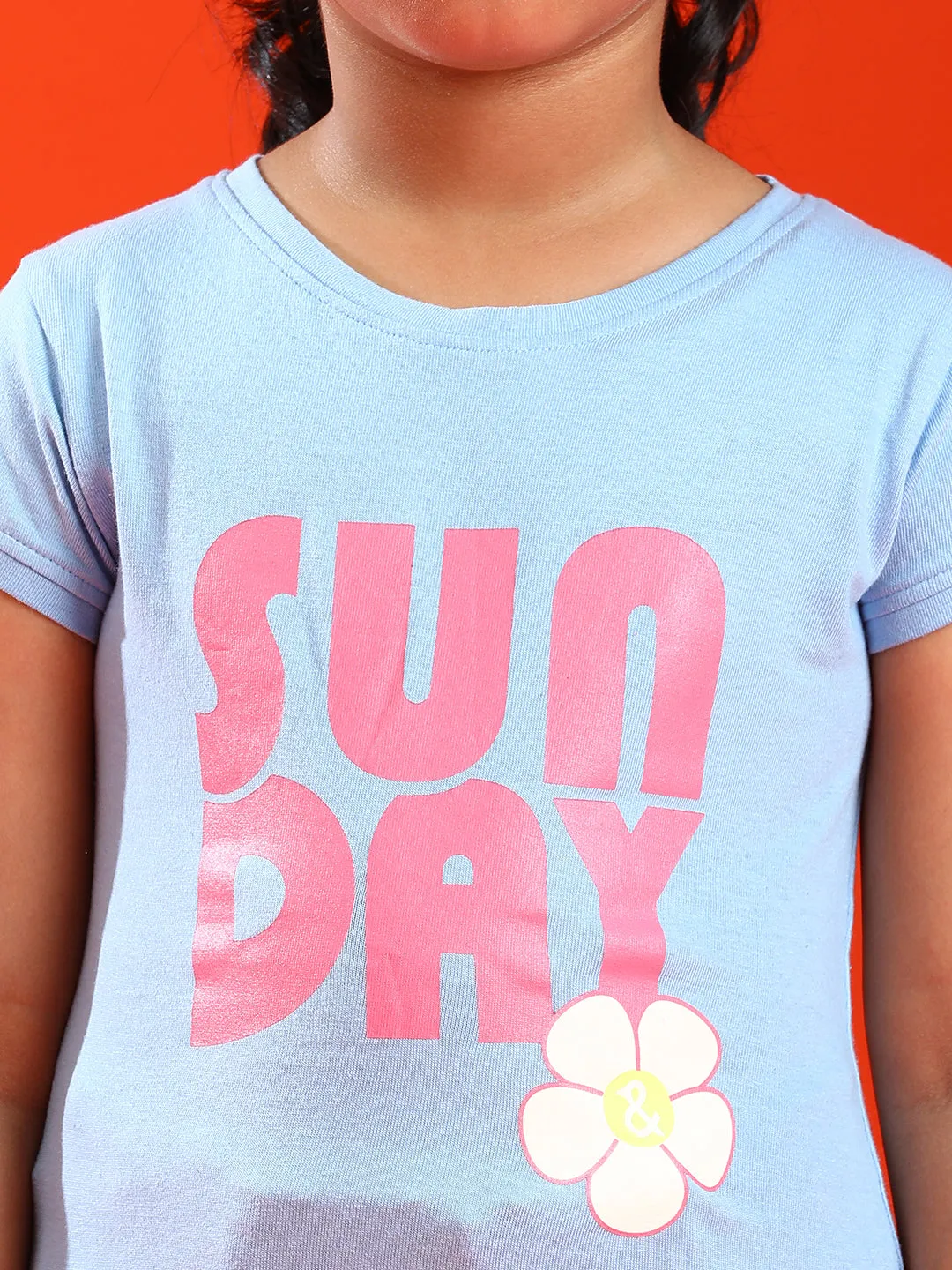 Girls Sky Blue Lycra Printed Slim Fit T-shirt