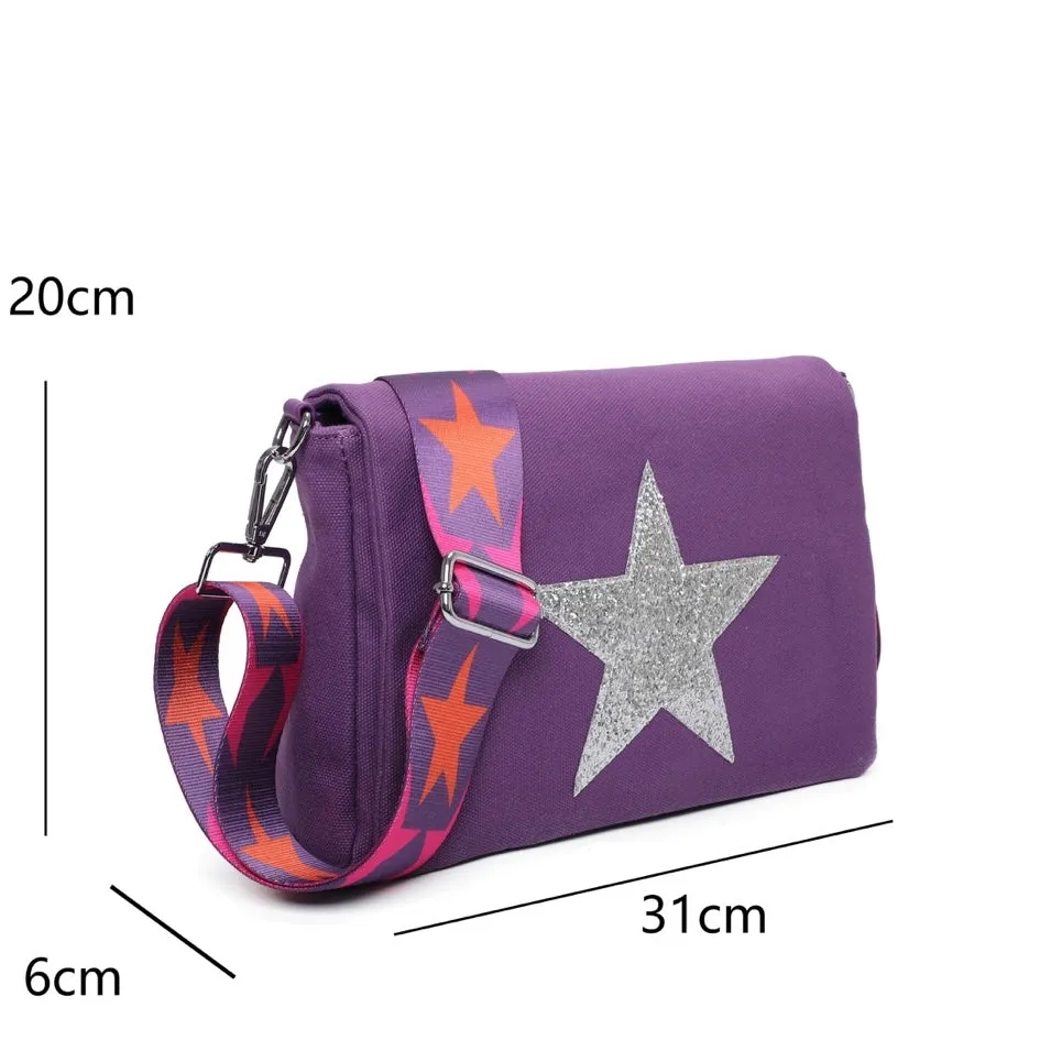 Glitter Star Crossbody Canvas Bag With Strap - Midnight Blue