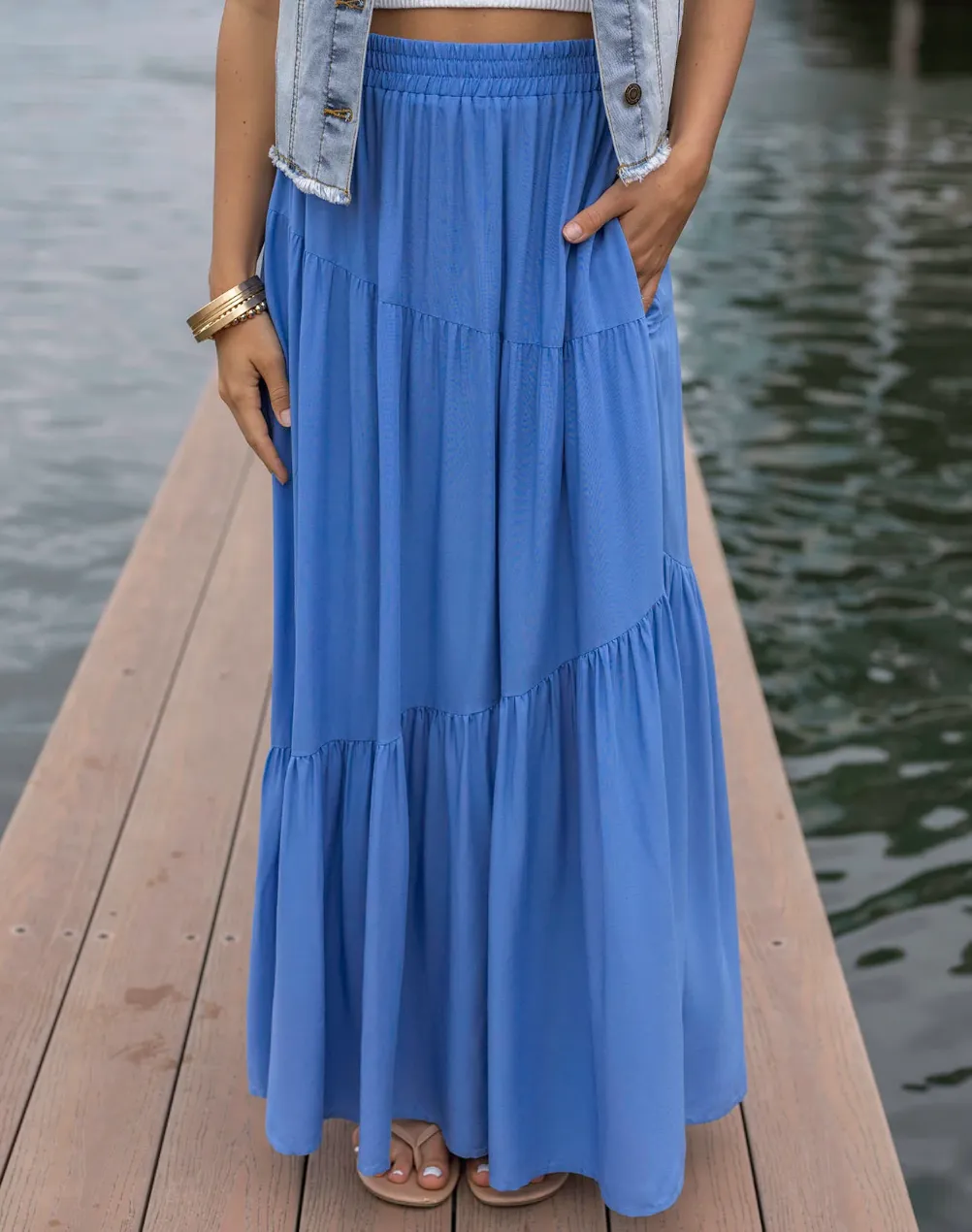 Grace & Lace Pocketed Tiered Maxi Skirt in Cornflower Blue