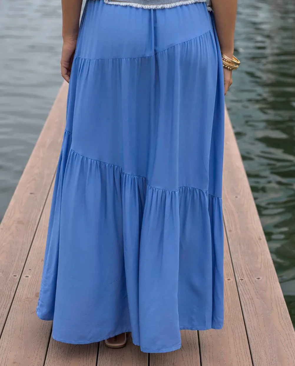 Grace & Lace Pocketed Tiered Maxi Skirt in Cornflower Blue