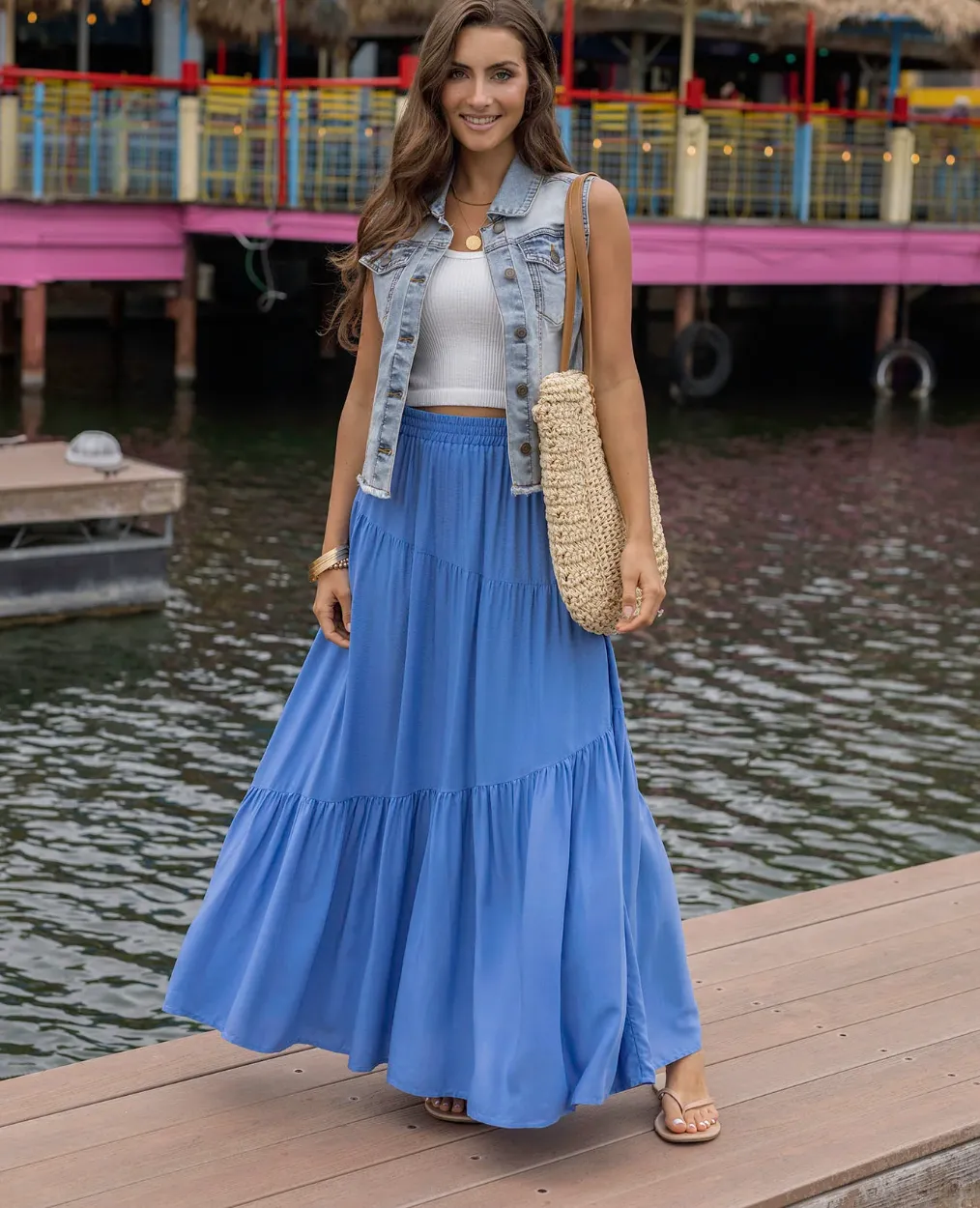 Grace & Lace Pocketed Tiered Maxi Skirt in Cornflower Blue