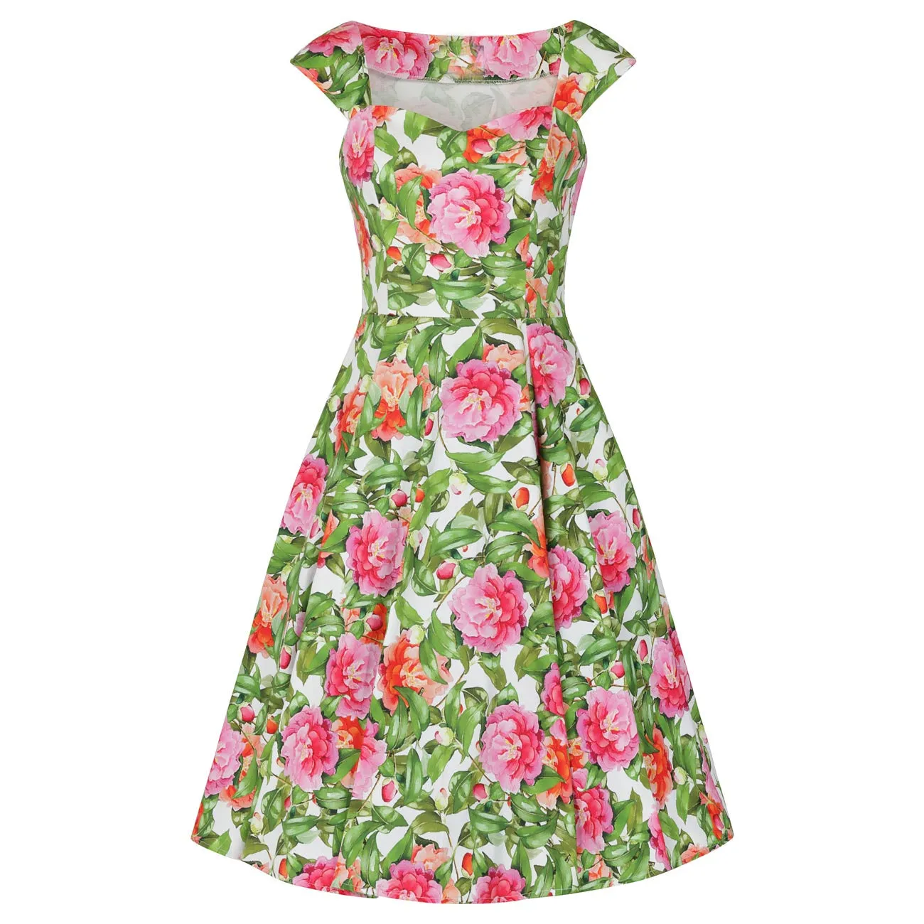 Green And Pink Floral Print 50s Swing Dress