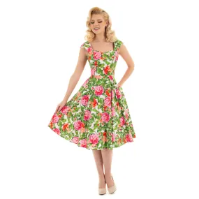 Green And Pink Floral Print 50s Swing Dress