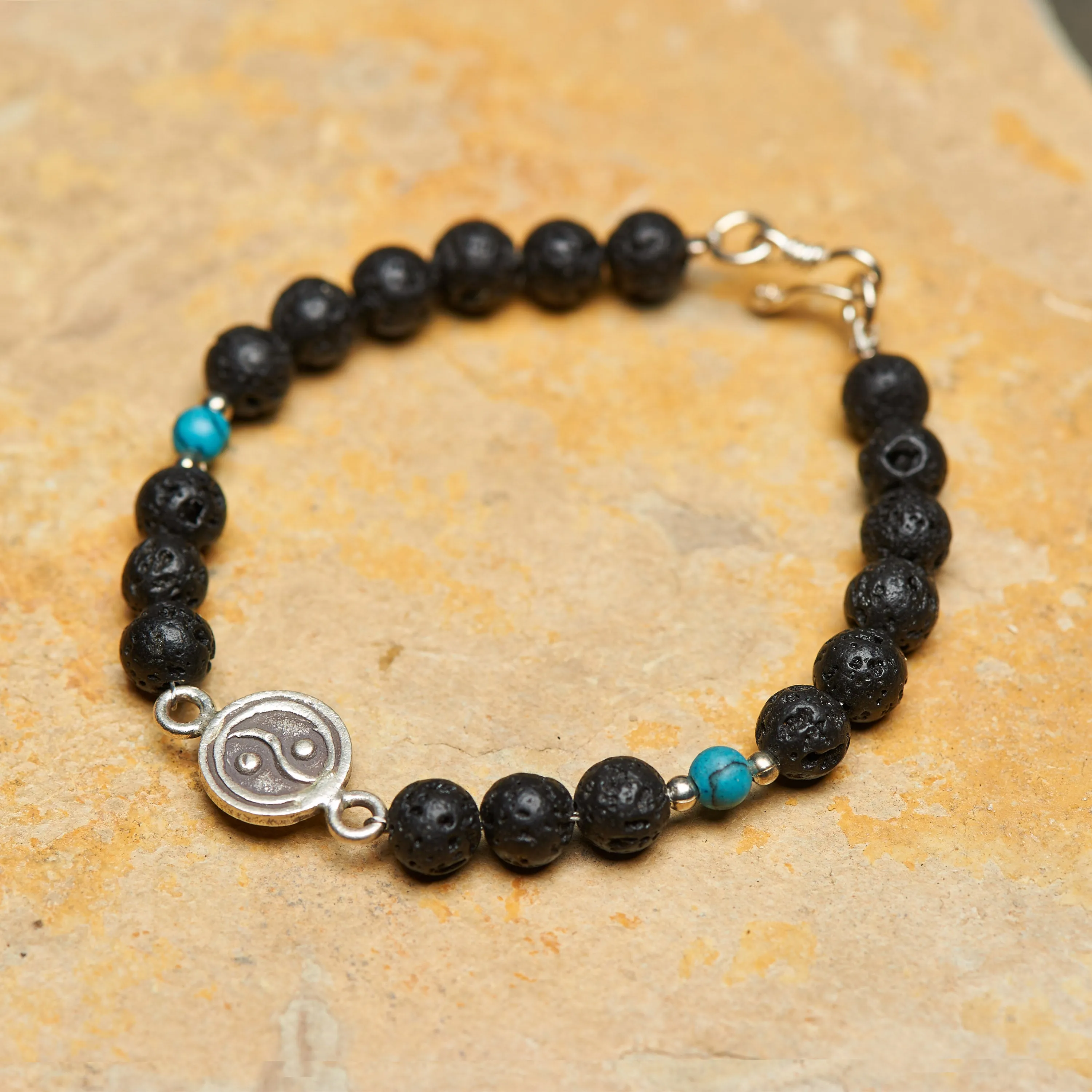 Hand Made Tibetan Yin Yang Mala Bracelet With Black Lava and Turquoise Beads