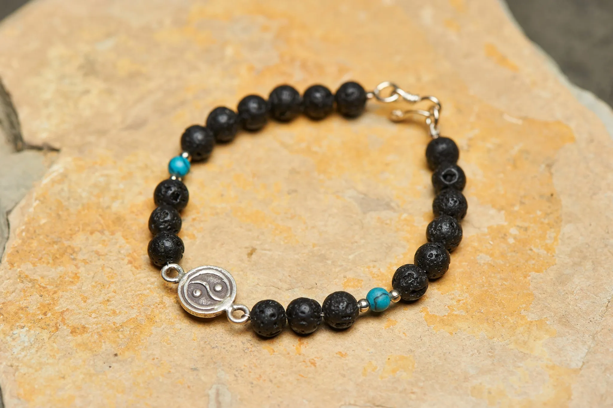 Hand Made Tibetan Yin Yang Mala Bracelet With Black Lava and Turquoise Beads