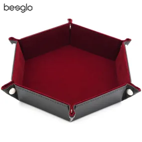 Hexagon Folding Dice tray with Red Velvet for Using Dice Games and Storage Keys Coins Jewelry or Other Small Trinkets