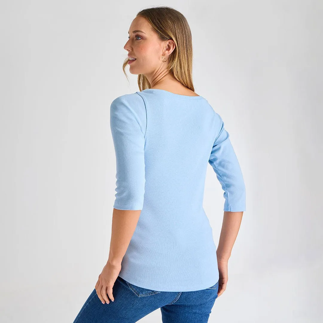 Ladies Chambray Blue 3/4 Sleeve Slash Neck Top