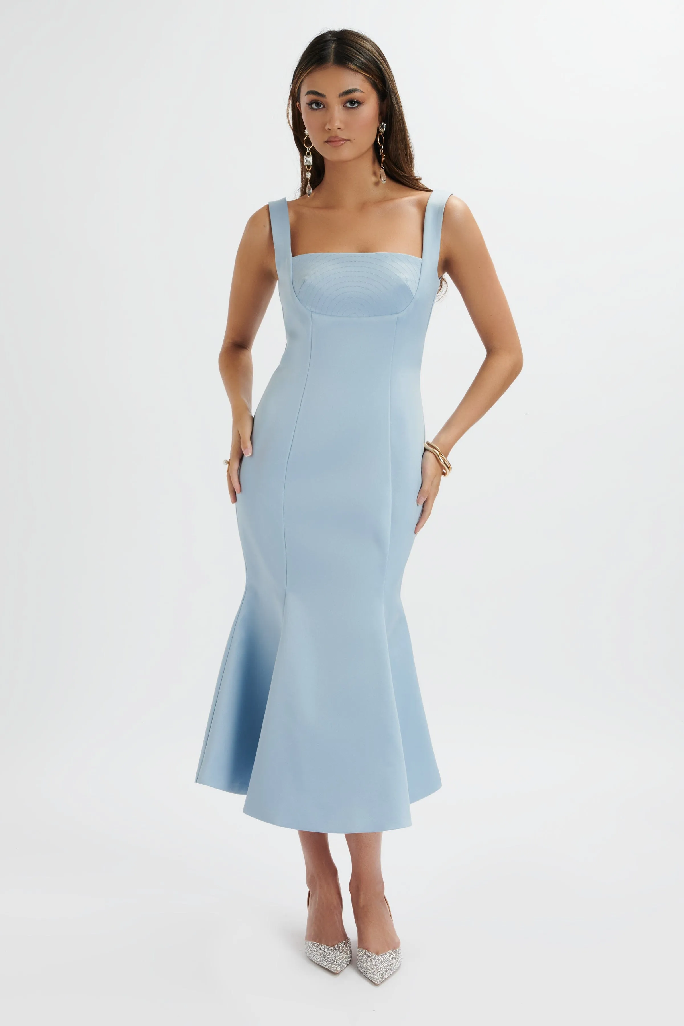 LAINEY Structured Satin Midi Slip Dress In Cornflower Blue