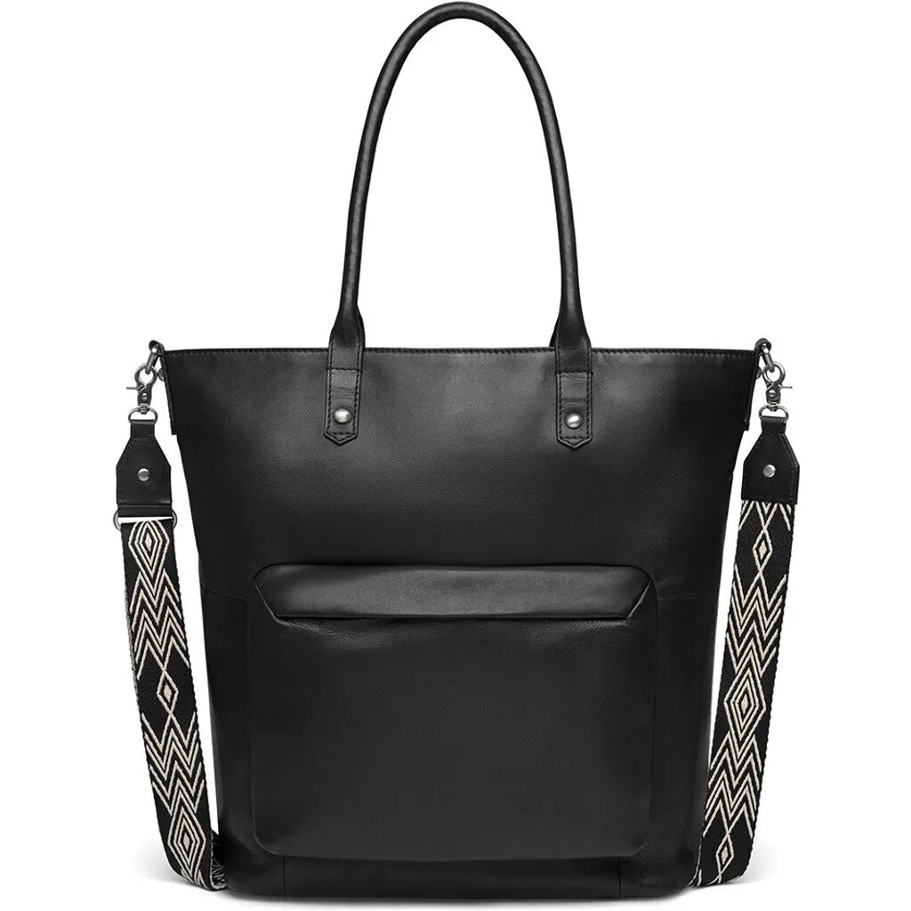 Leather shopper bag decorated with canvas crossbody strap / 15932 - Black (Nero)