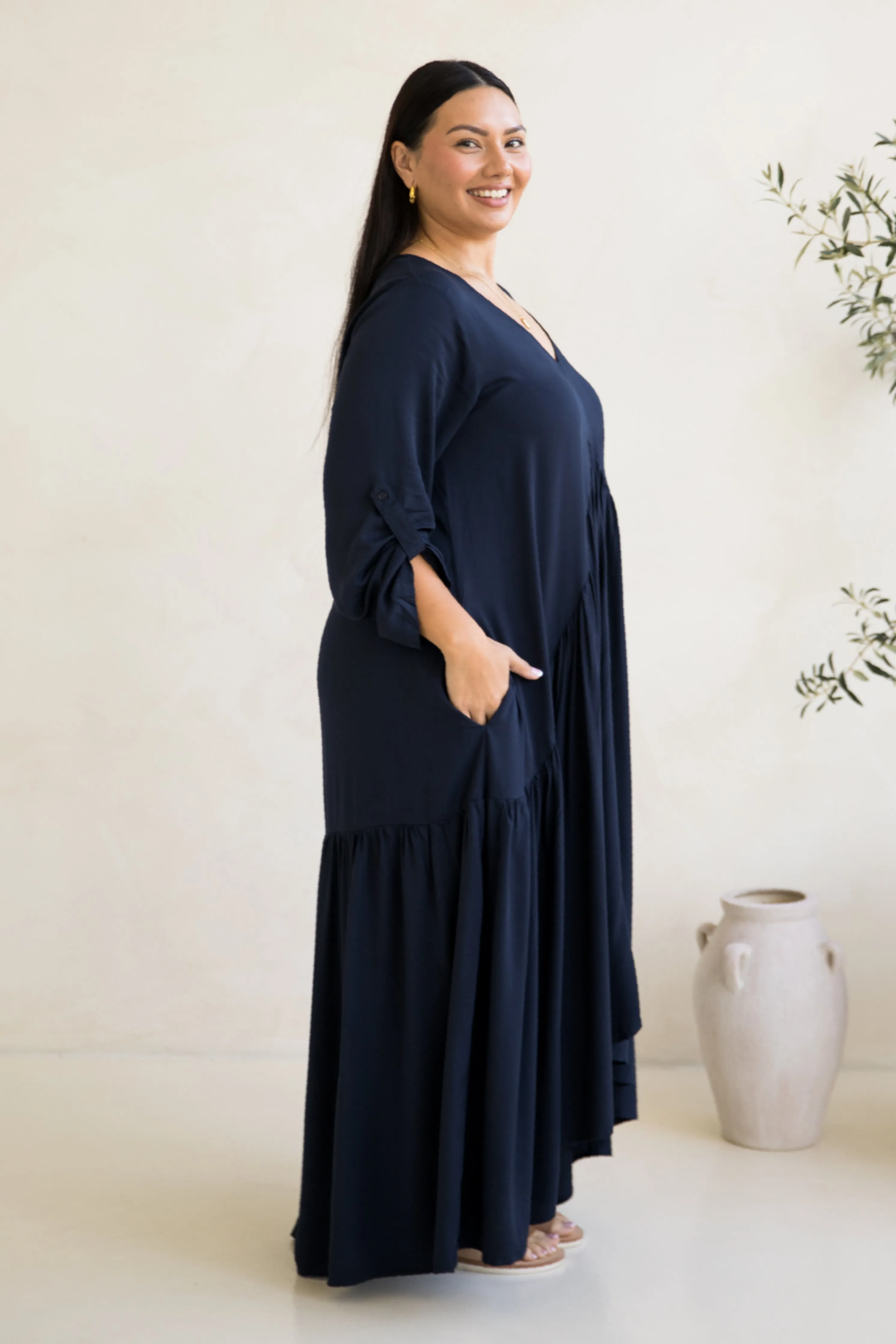 Long Sleeve Peak Maxi Dress in Navy