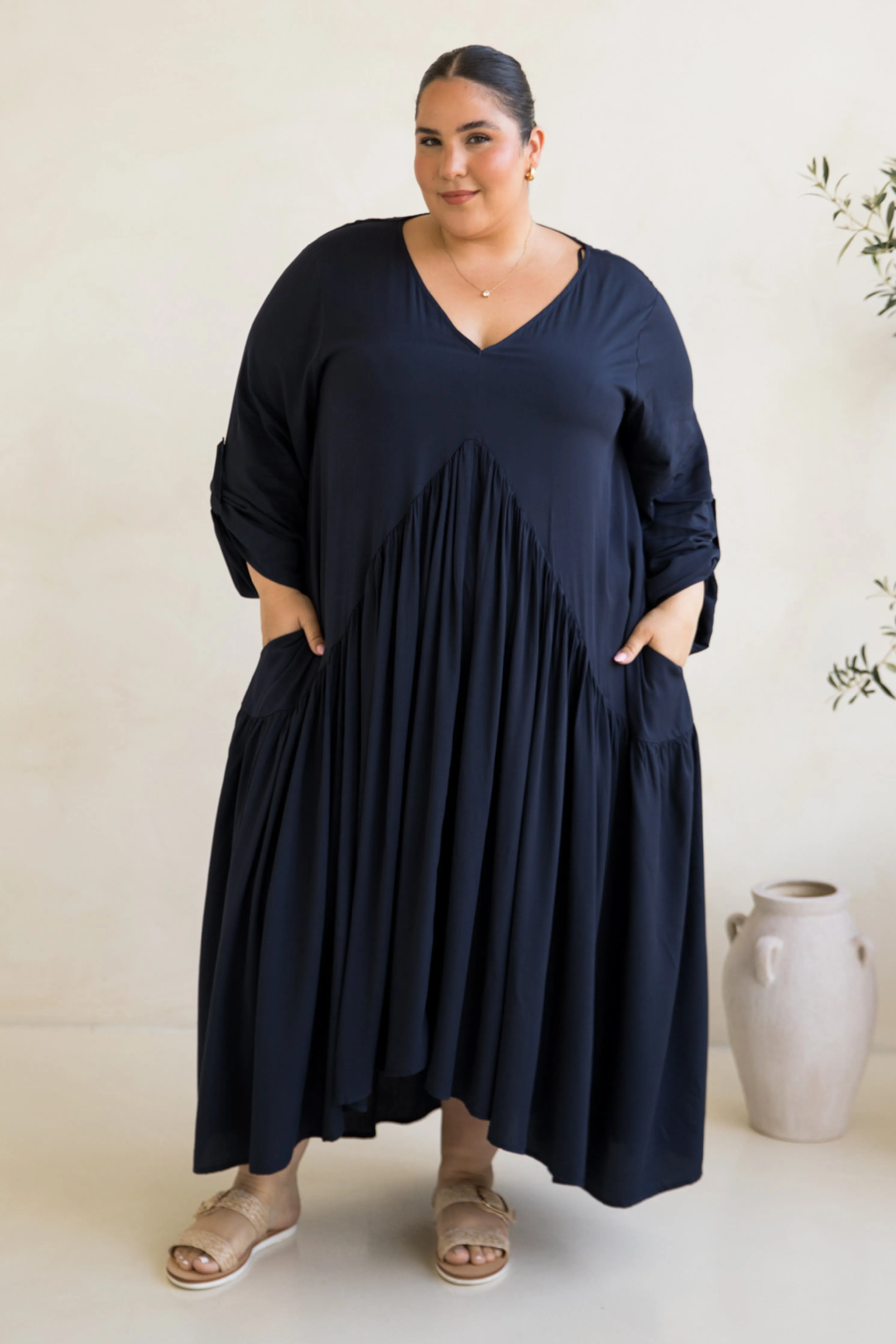 Long Sleeve Peak Maxi Dress in Navy