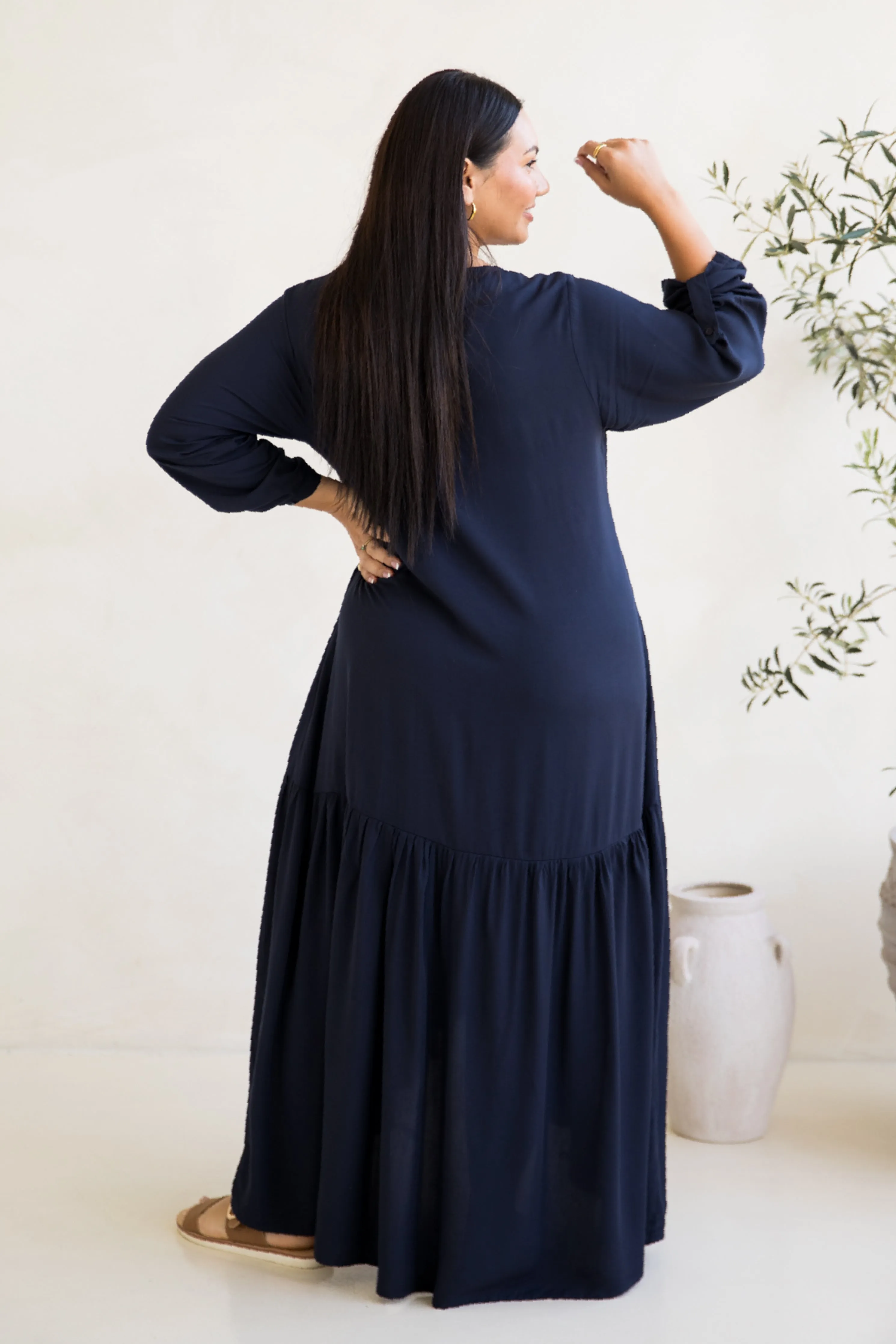 Long Sleeve Peak Maxi Dress in Navy