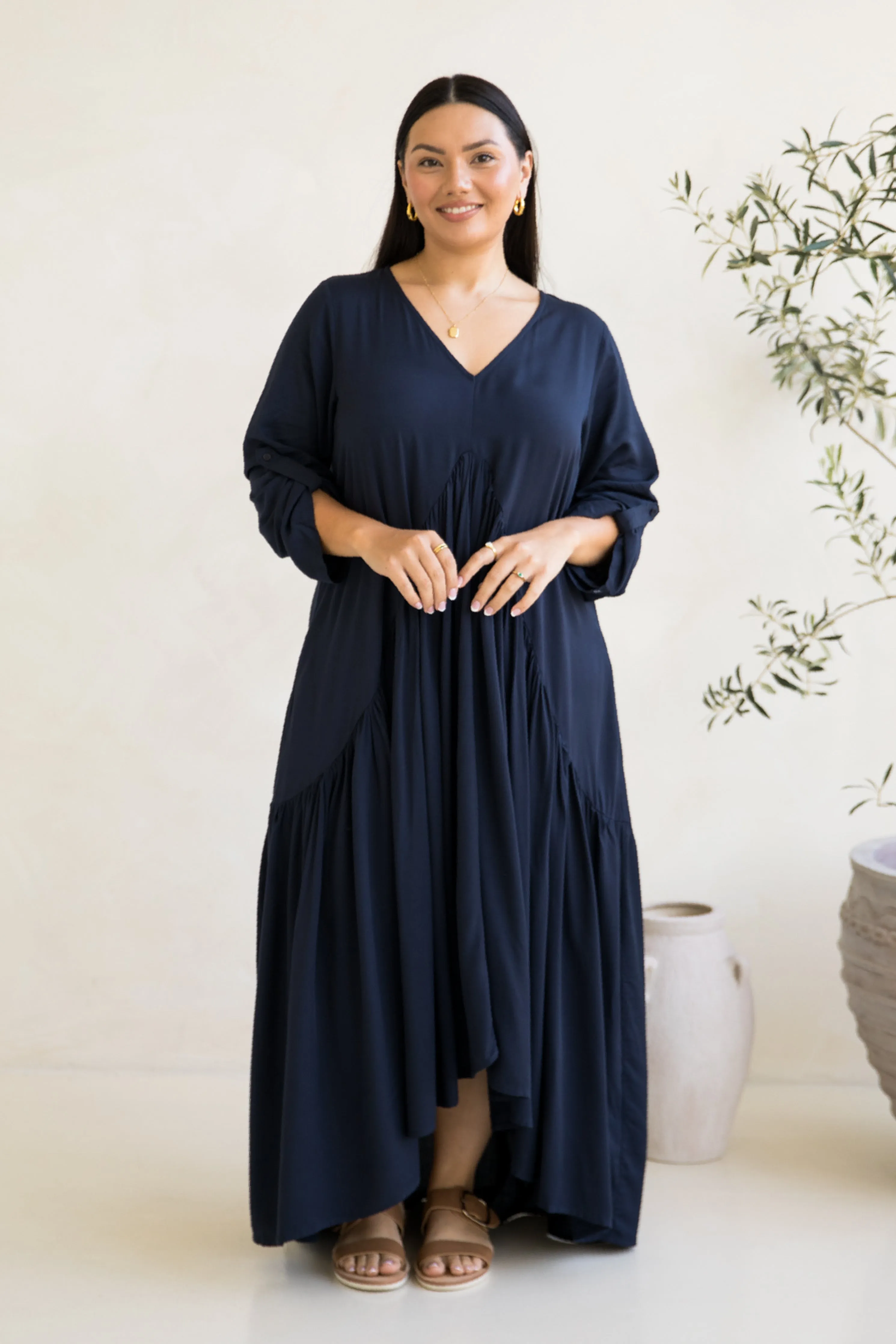 Long Sleeve Peak Maxi Dress in Navy