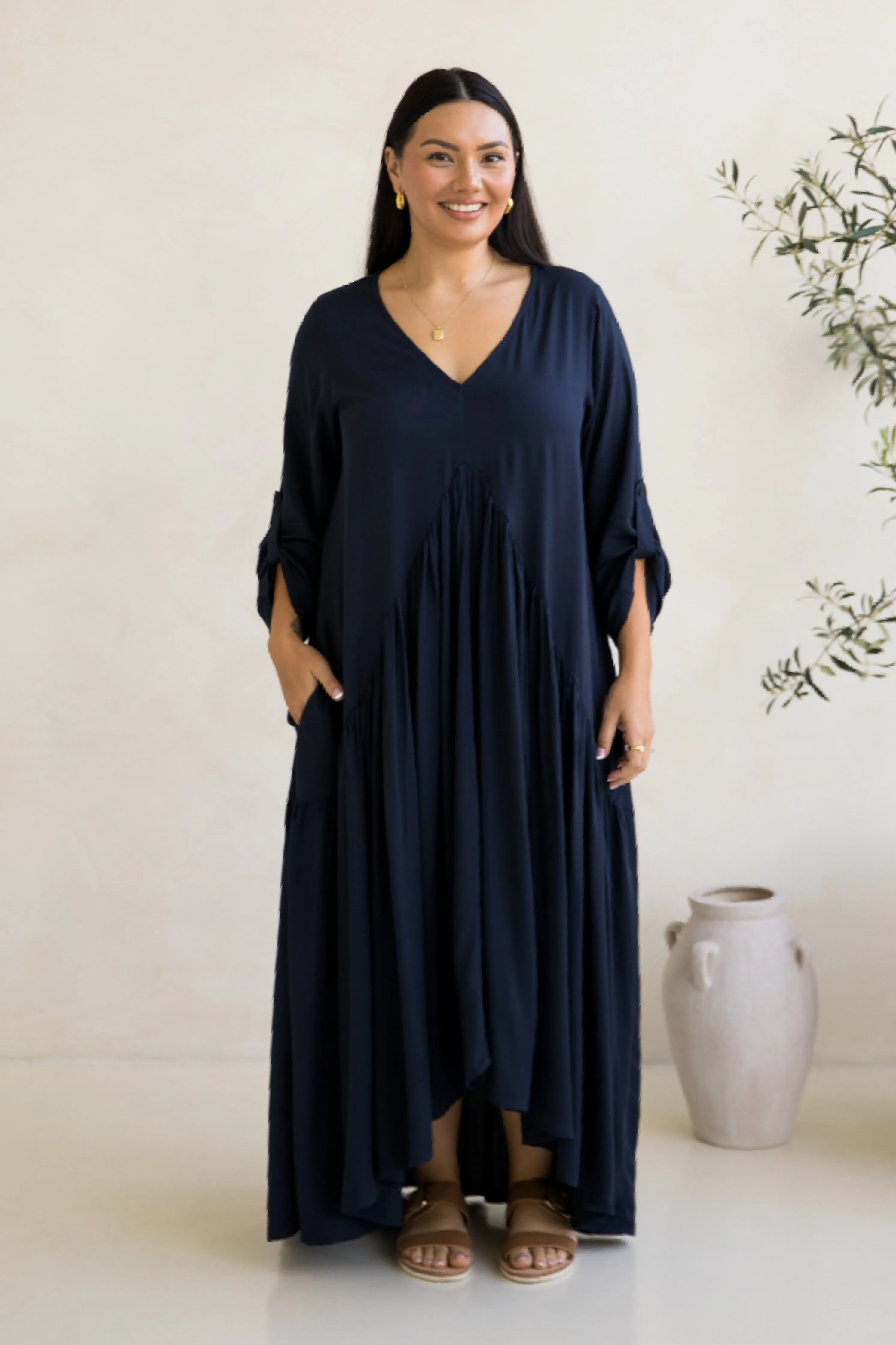 Long Sleeve Peak Maxi Dress in Navy