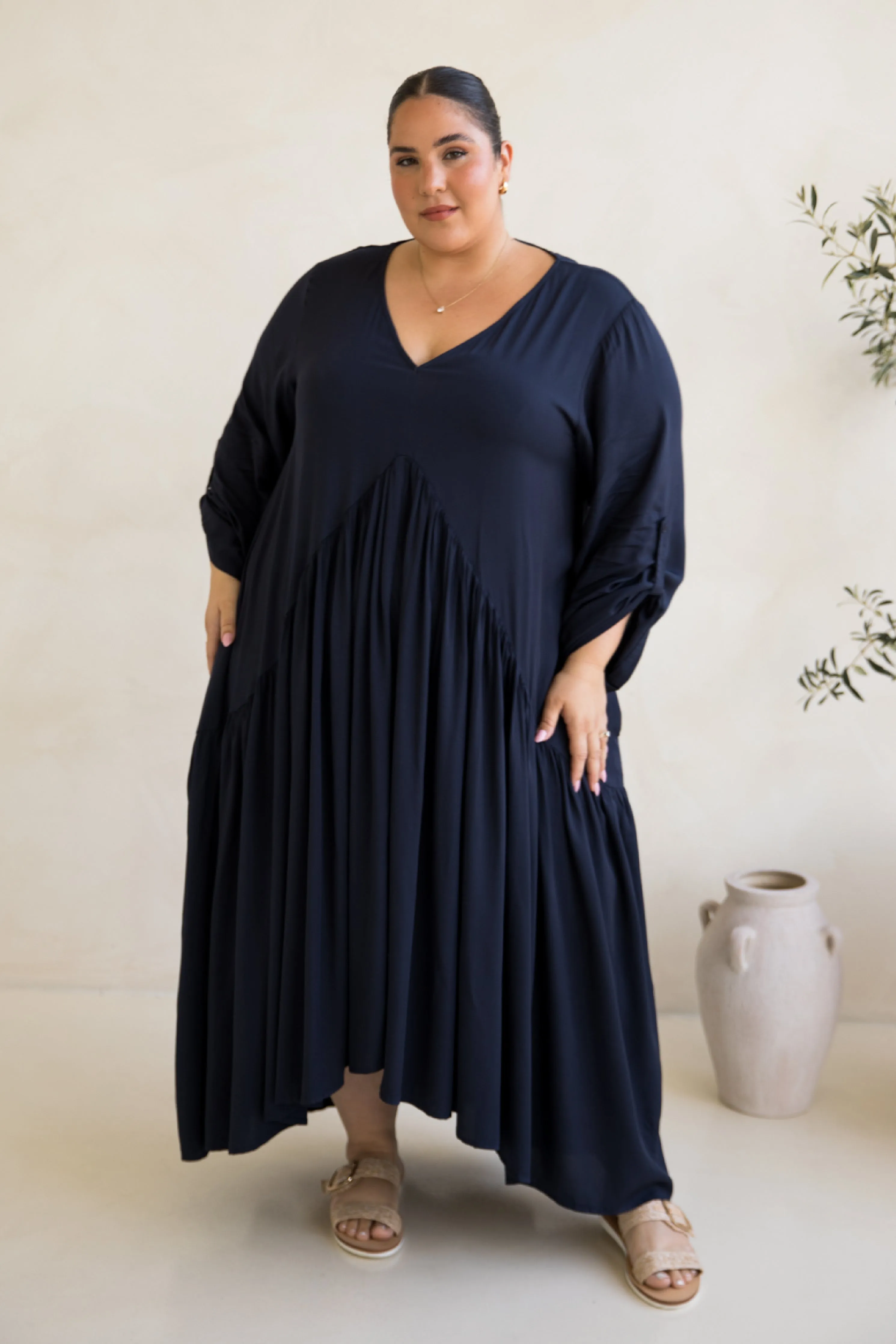 Long Sleeve Peak Maxi Dress in Navy