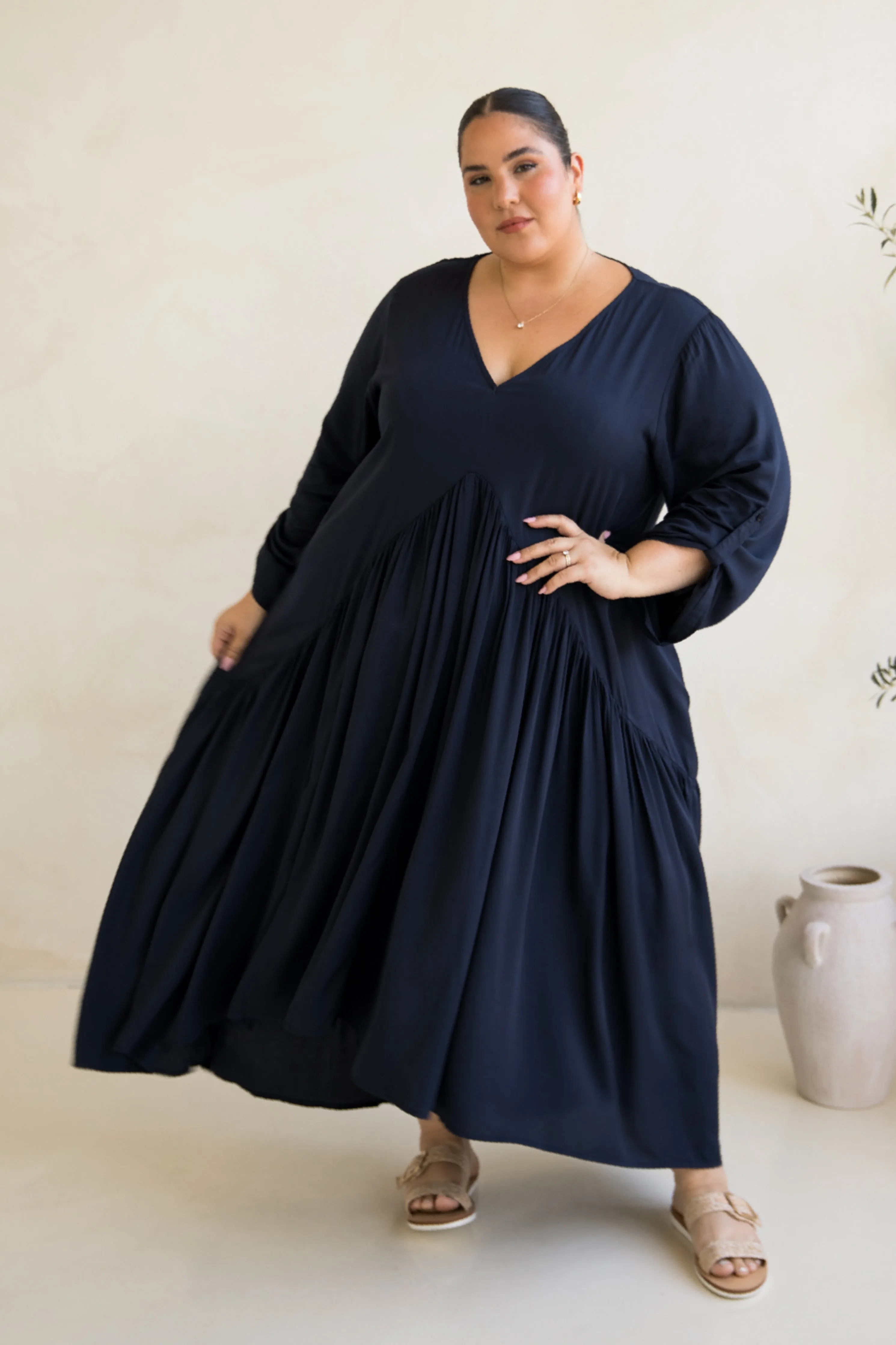 Long Sleeve Peak Maxi Dress in Navy