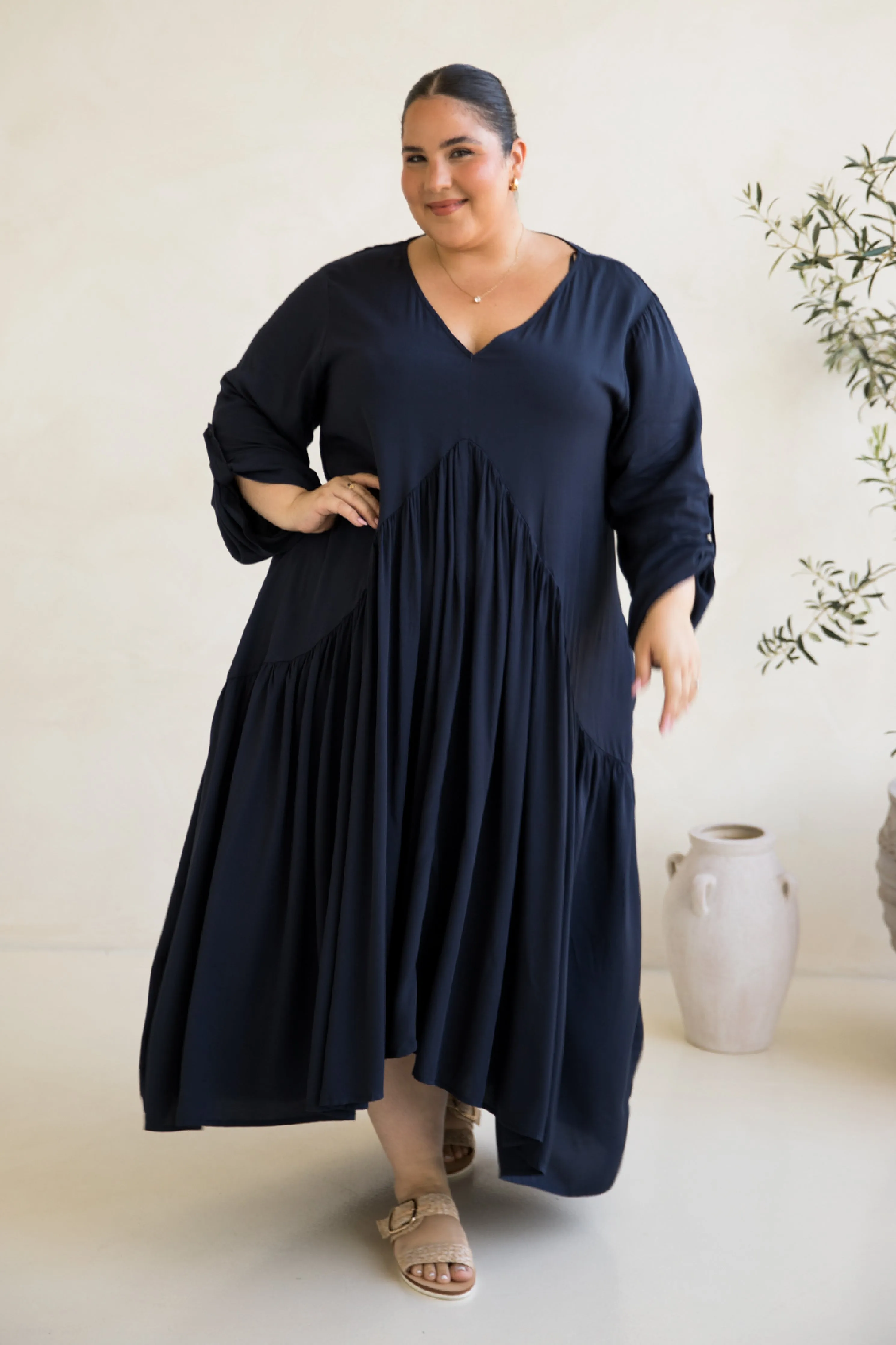 Long Sleeve Peak Maxi Dress in Navy