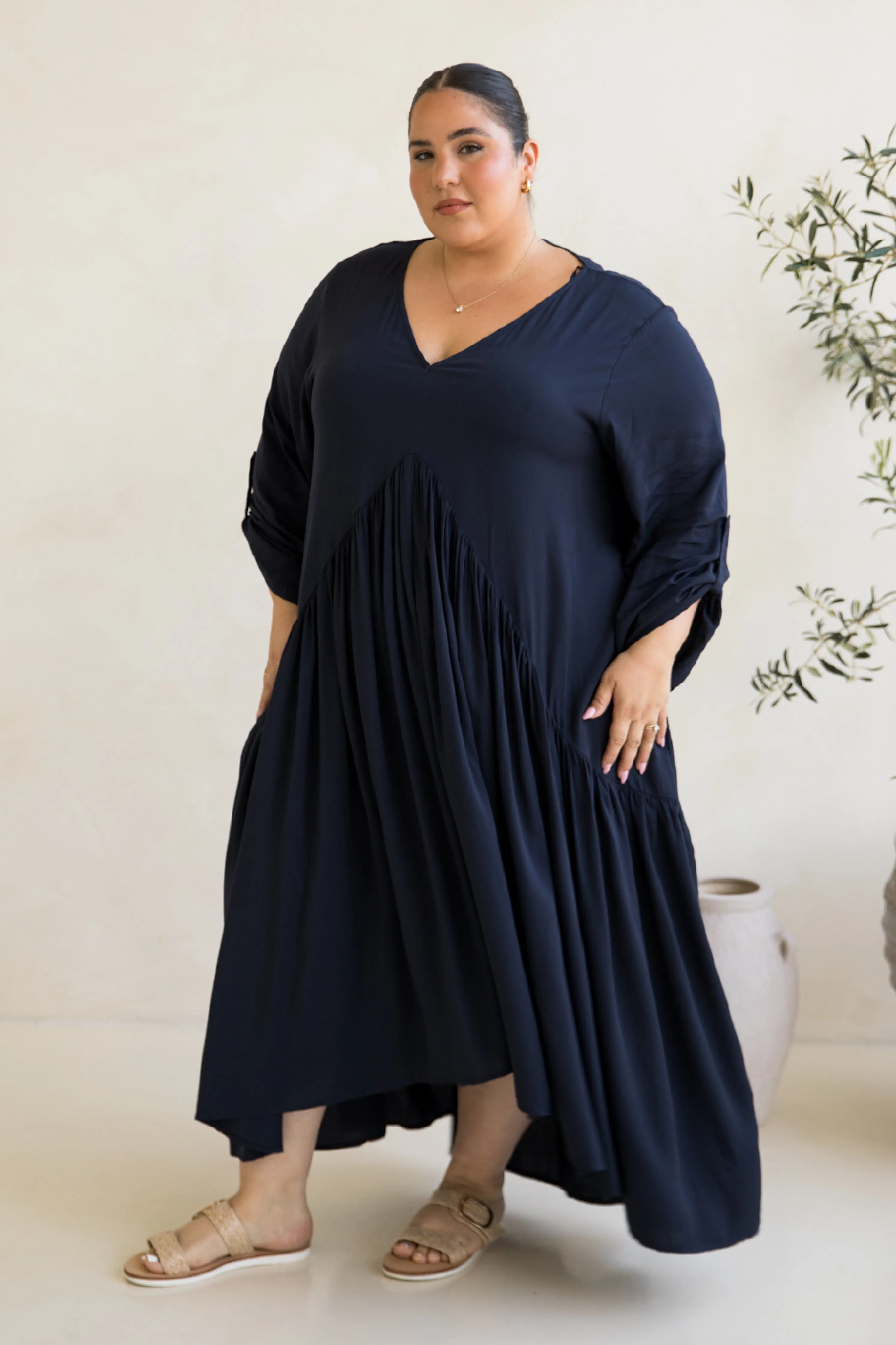 Long Sleeve Peak Maxi Dress in Navy