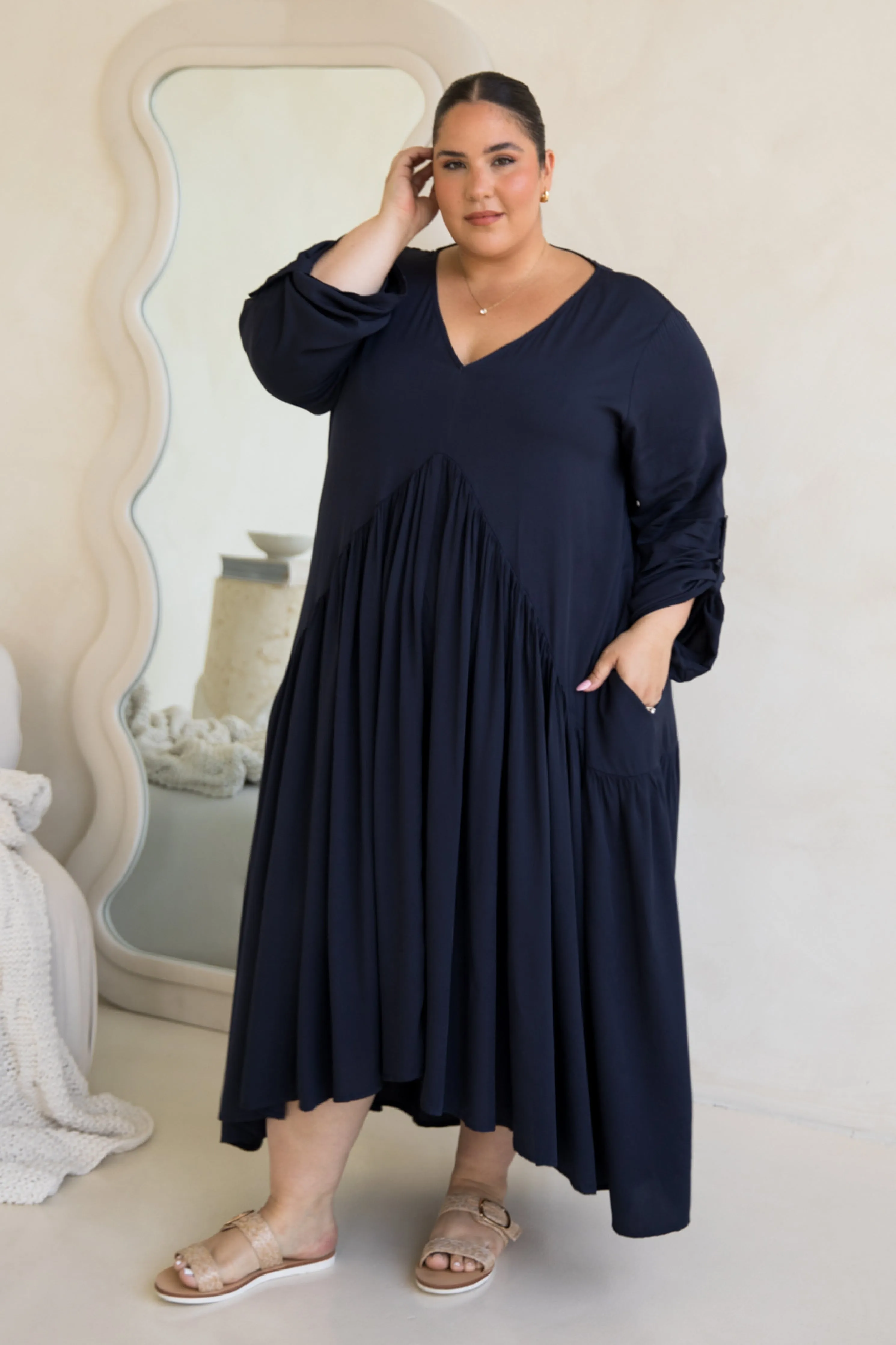 Long Sleeve Peak Maxi Dress in Navy