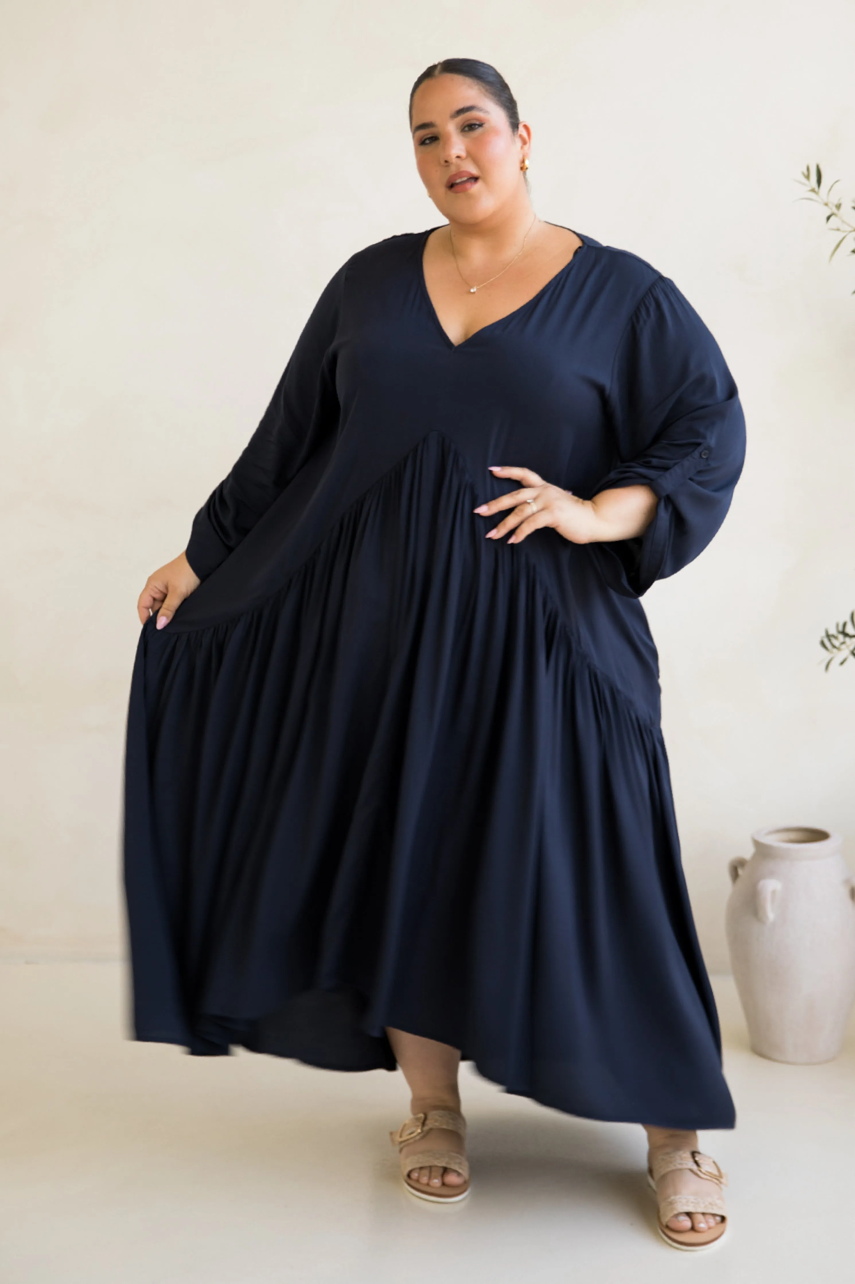 Long Sleeve Peak Maxi Dress in Navy