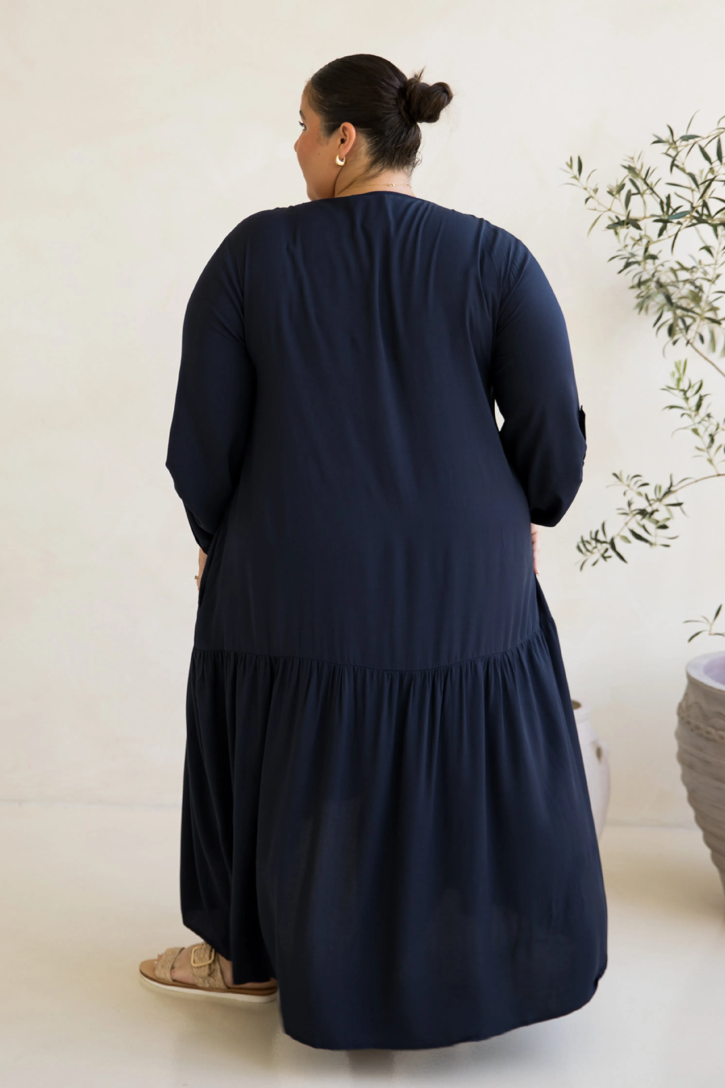 Long Sleeve Peak Maxi Dress in Navy