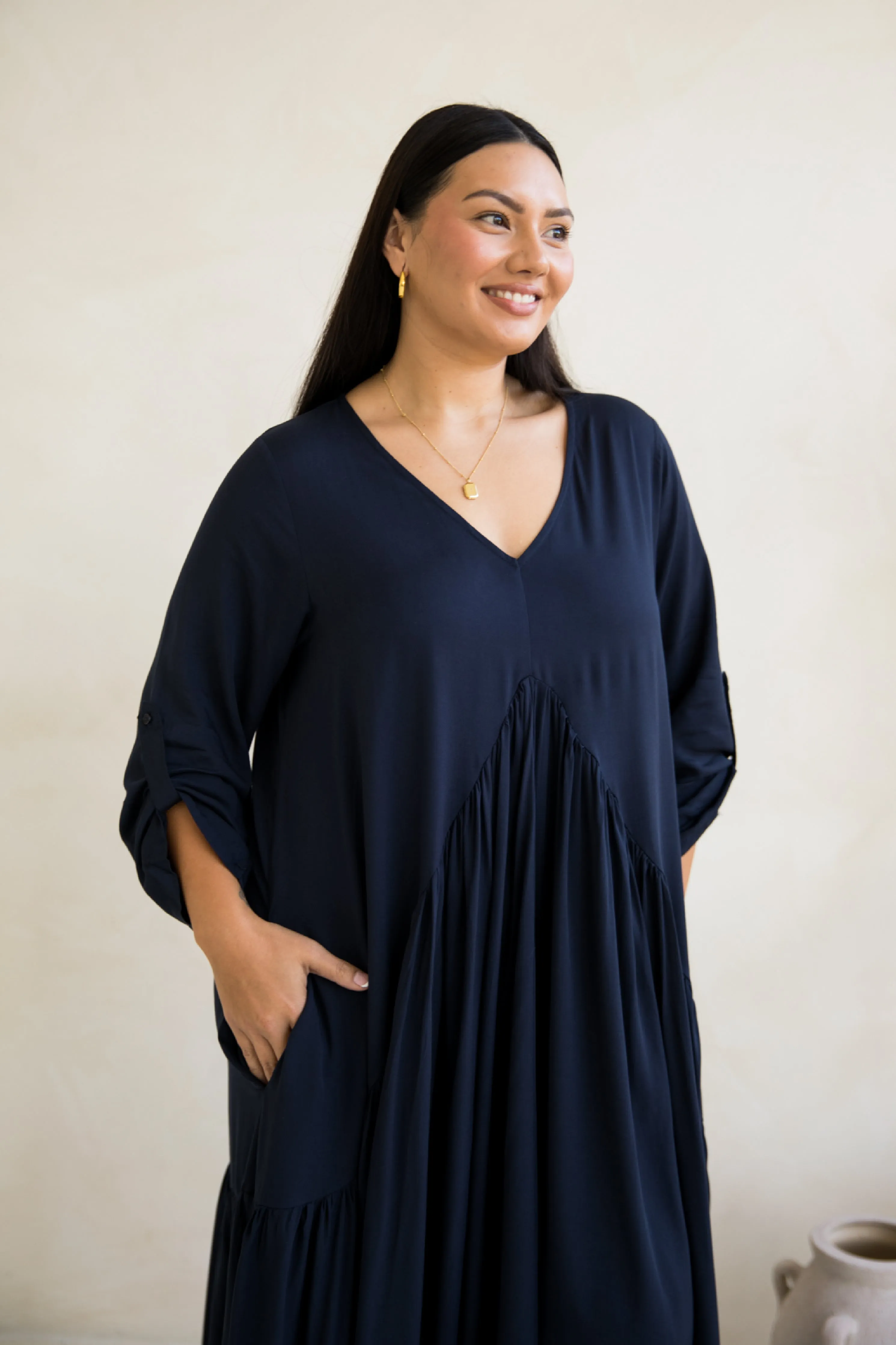 Long Sleeve Peak Maxi Dress in Navy