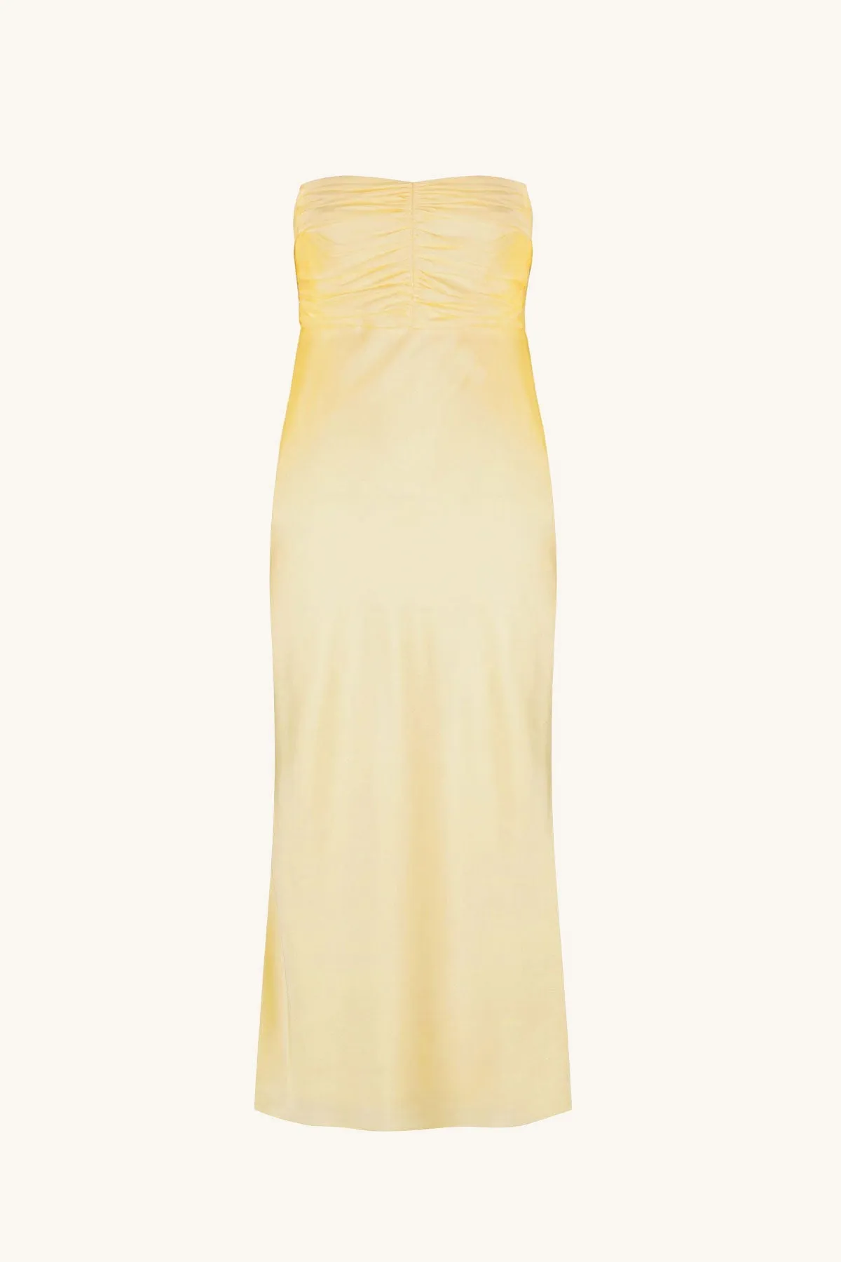 LUXE STRAPLESS RUCHED BODICE MIDI DRESS - LEMON