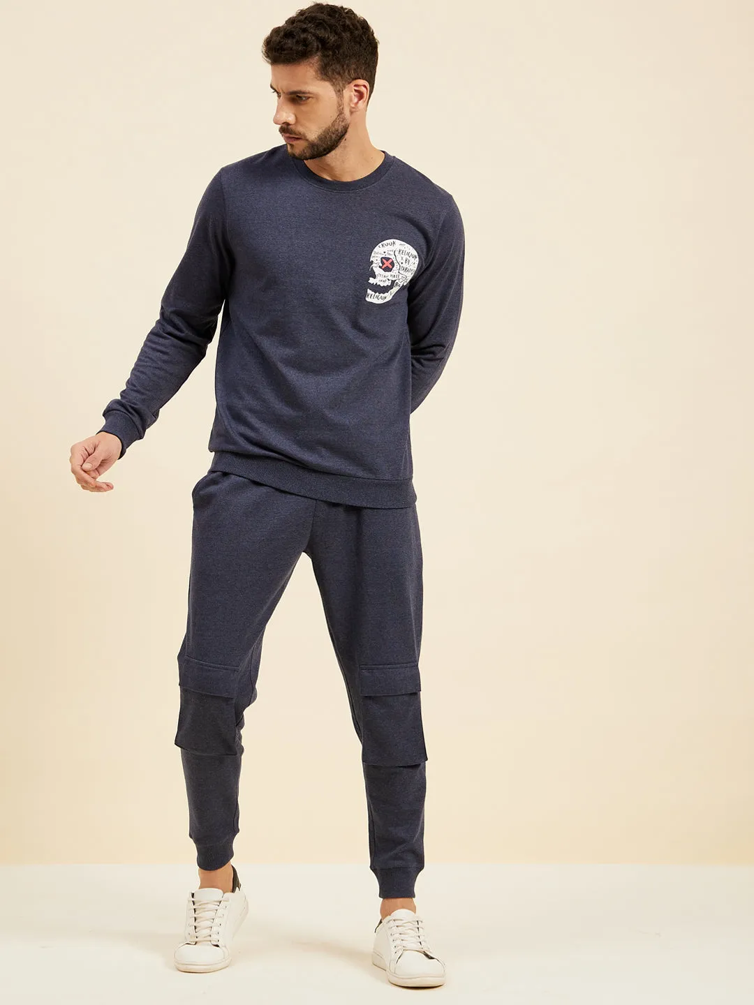 Men Blue Melange Skull Print Sweatshirt