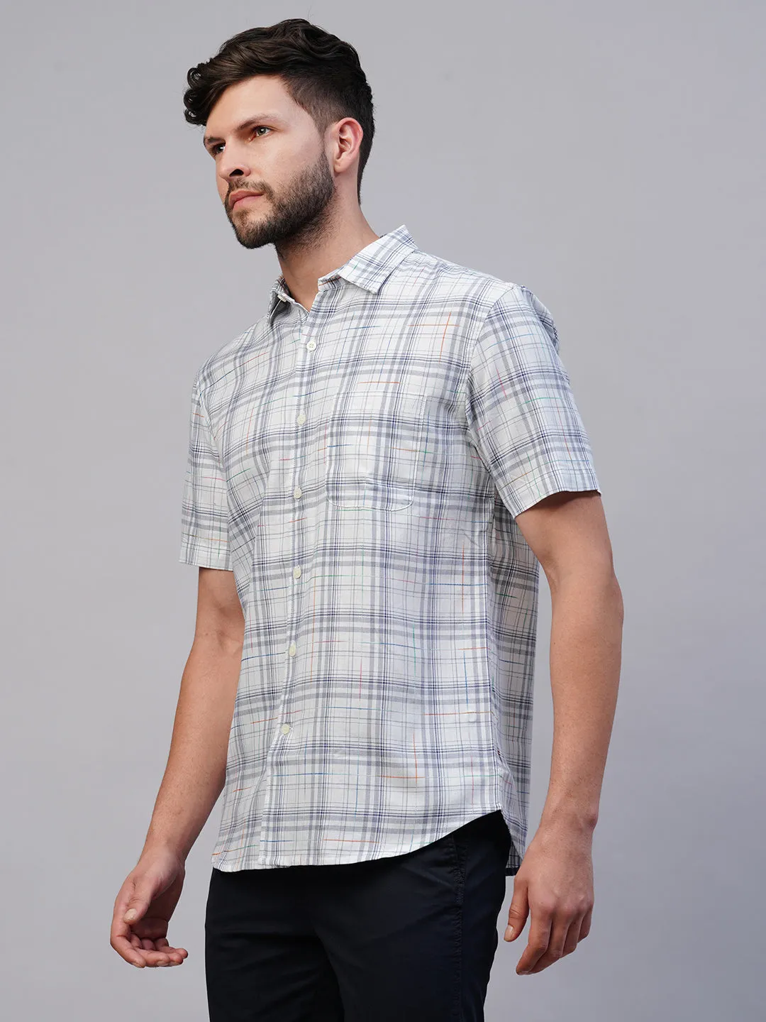 Men's Blue Cotton Regular Fit Checked Shirt