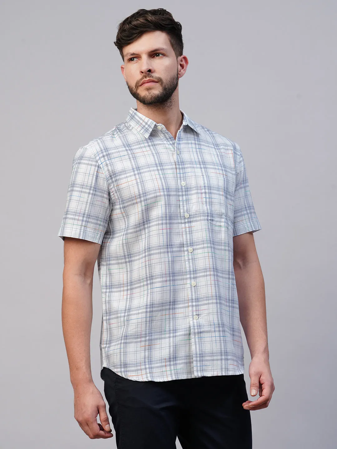 Men's Blue Cotton Regular Fit Checked Shirt