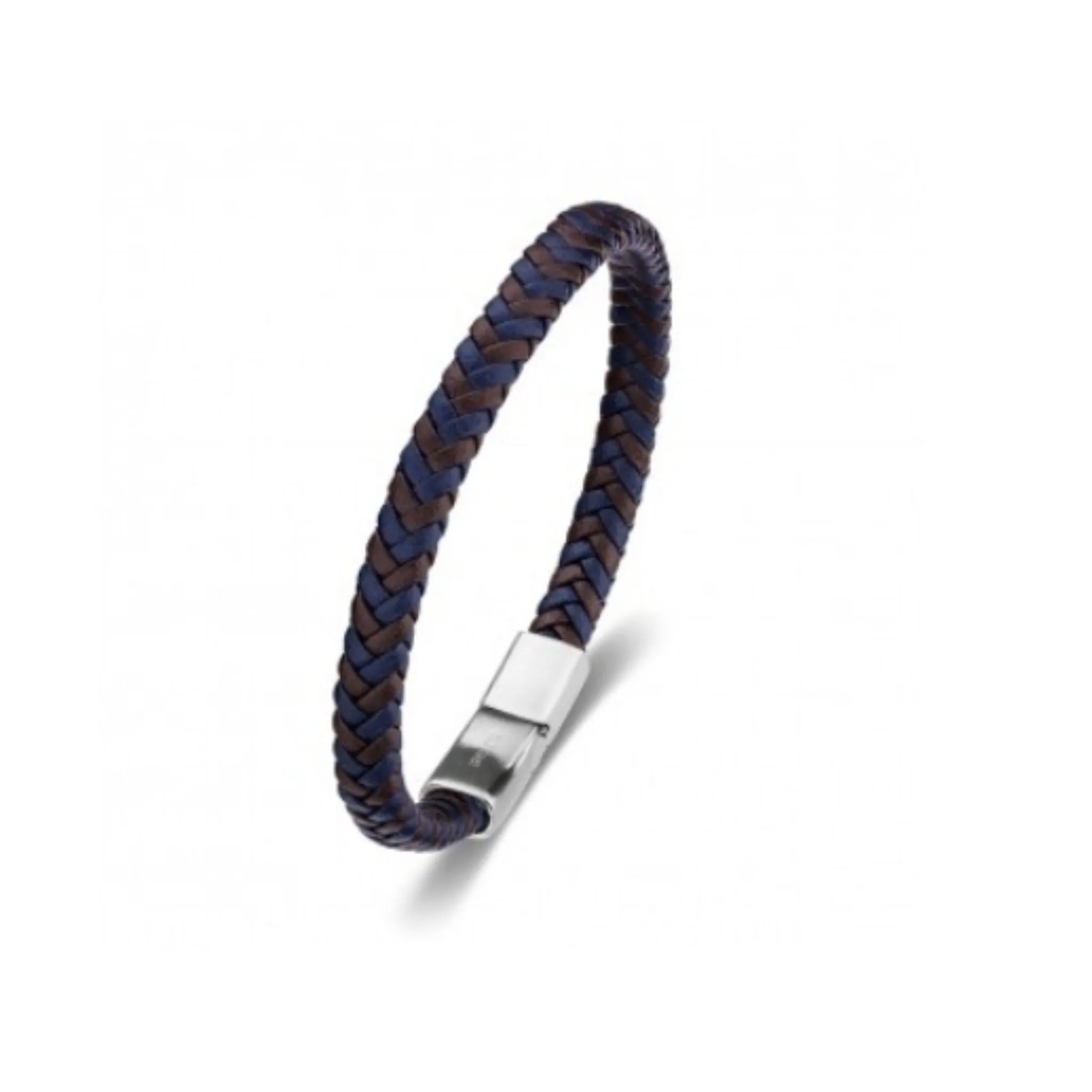 Mens leather stainless steel bracelet Navy Blue Brown weave