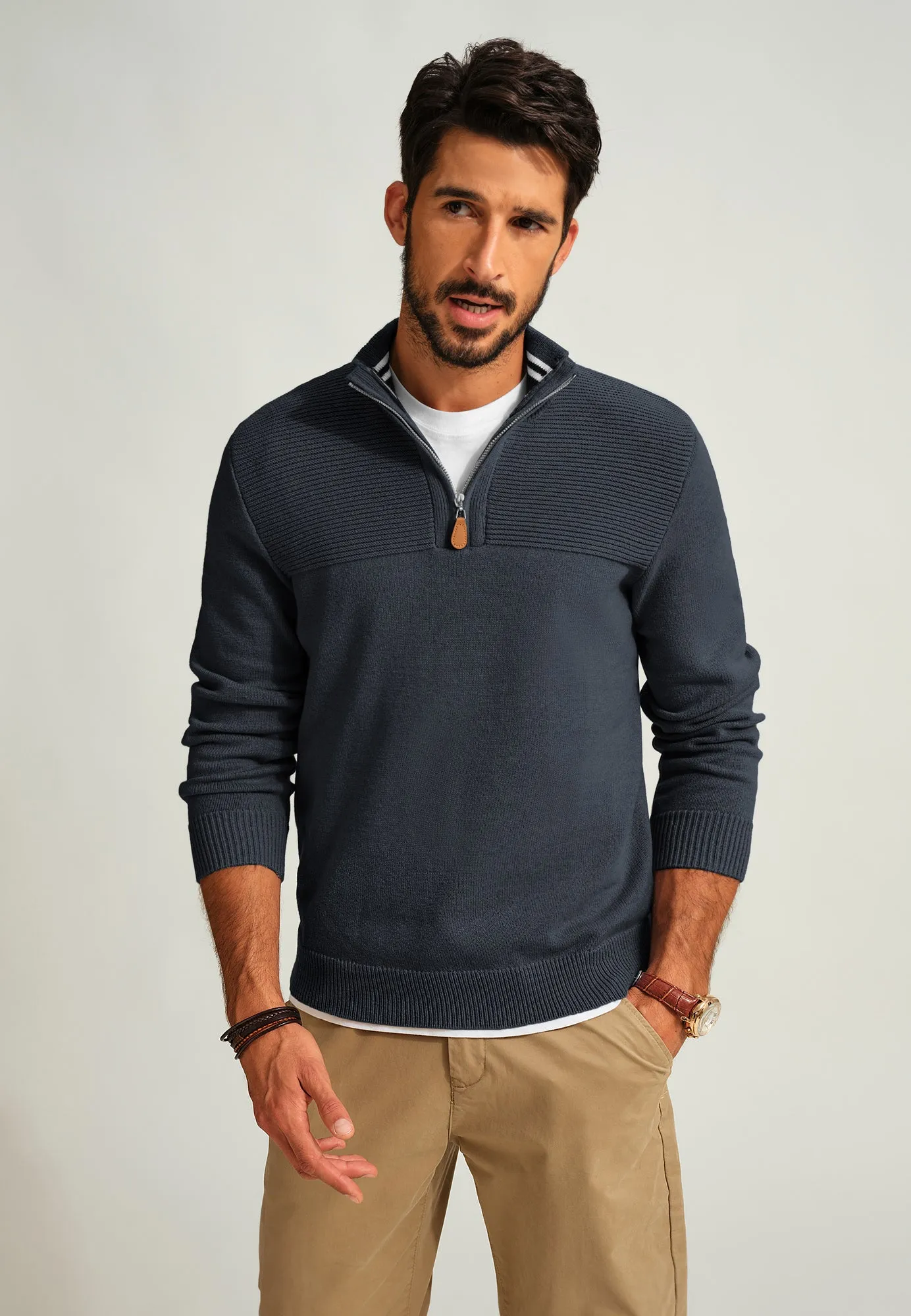 Men's Quarter Zip Sweater Slim Fit Casual Pullover Sweater Mock Neck Polo Sweaters