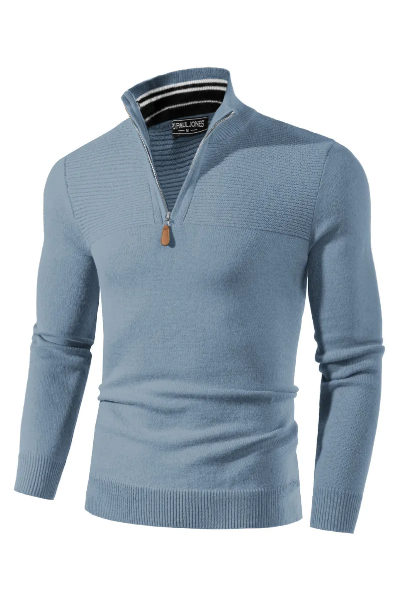 Men's Quarter Zip Sweater Slim Fit Casual Pullover Sweater Mock Neck Polo Sweaters