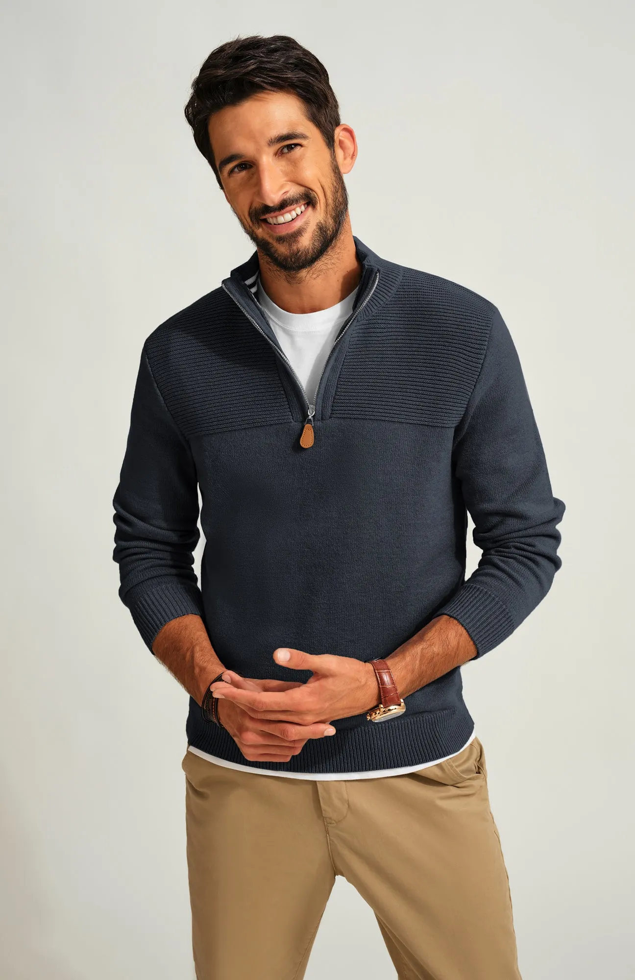 Men's Quarter Zip Sweater Slim Fit Casual Pullover Sweater Mock Neck Polo Sweaters