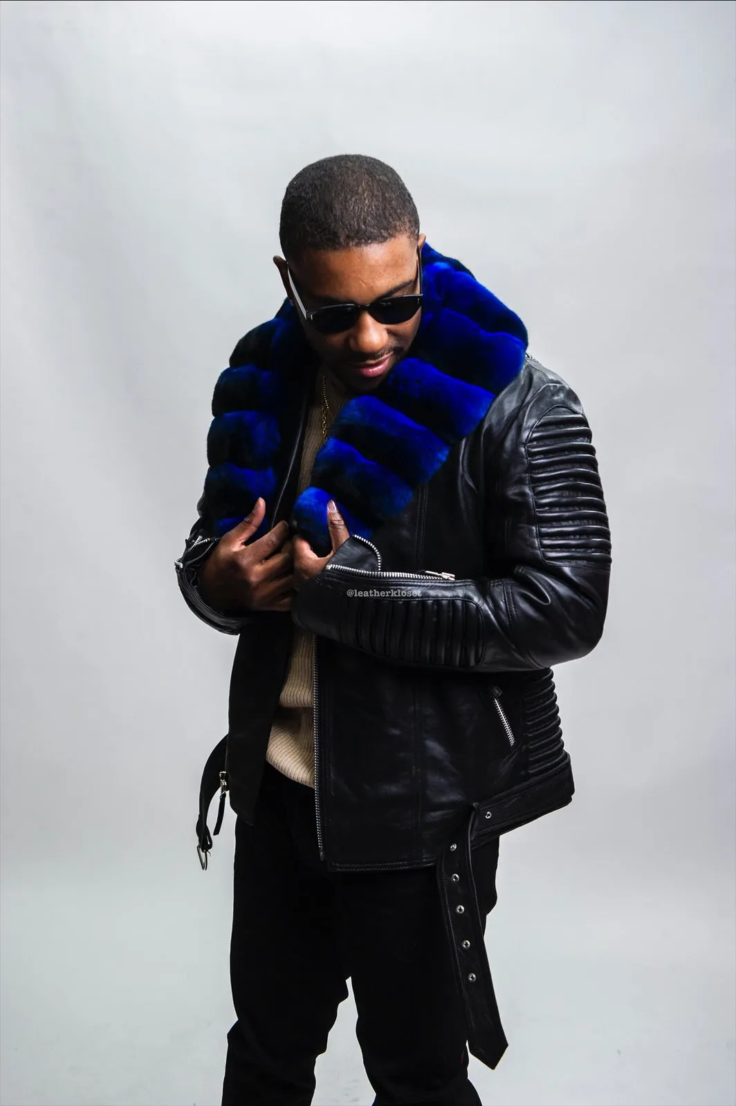 Men's Trey Biker With Real Chinchilla Fur Collar [Blue Chinchilla]