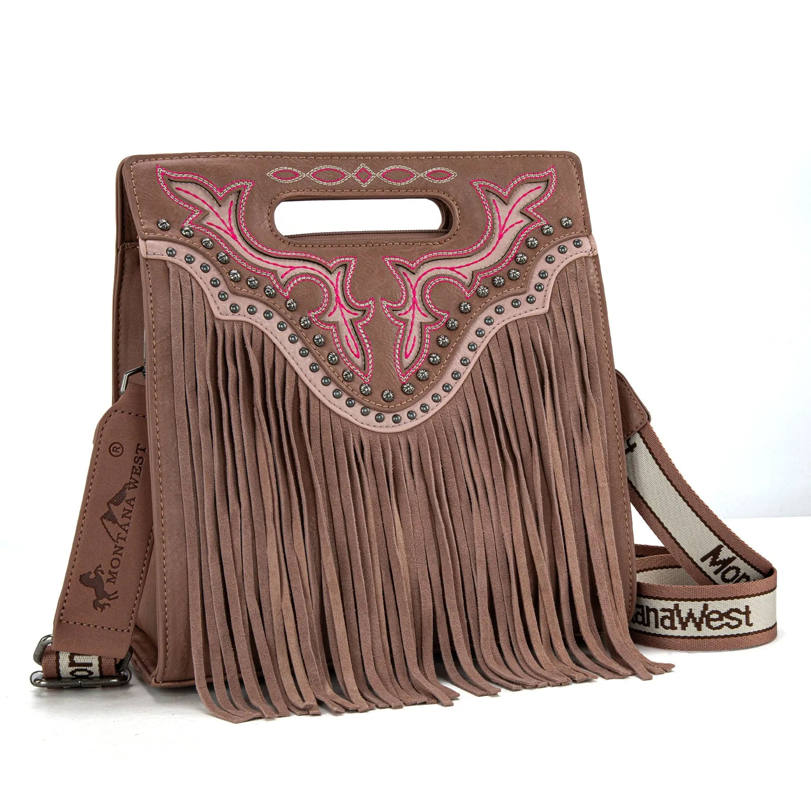 MW1281G-9360  Montana West Fringe Embroidered Concealed Carry Tote/Crossbody - Dusty Pink