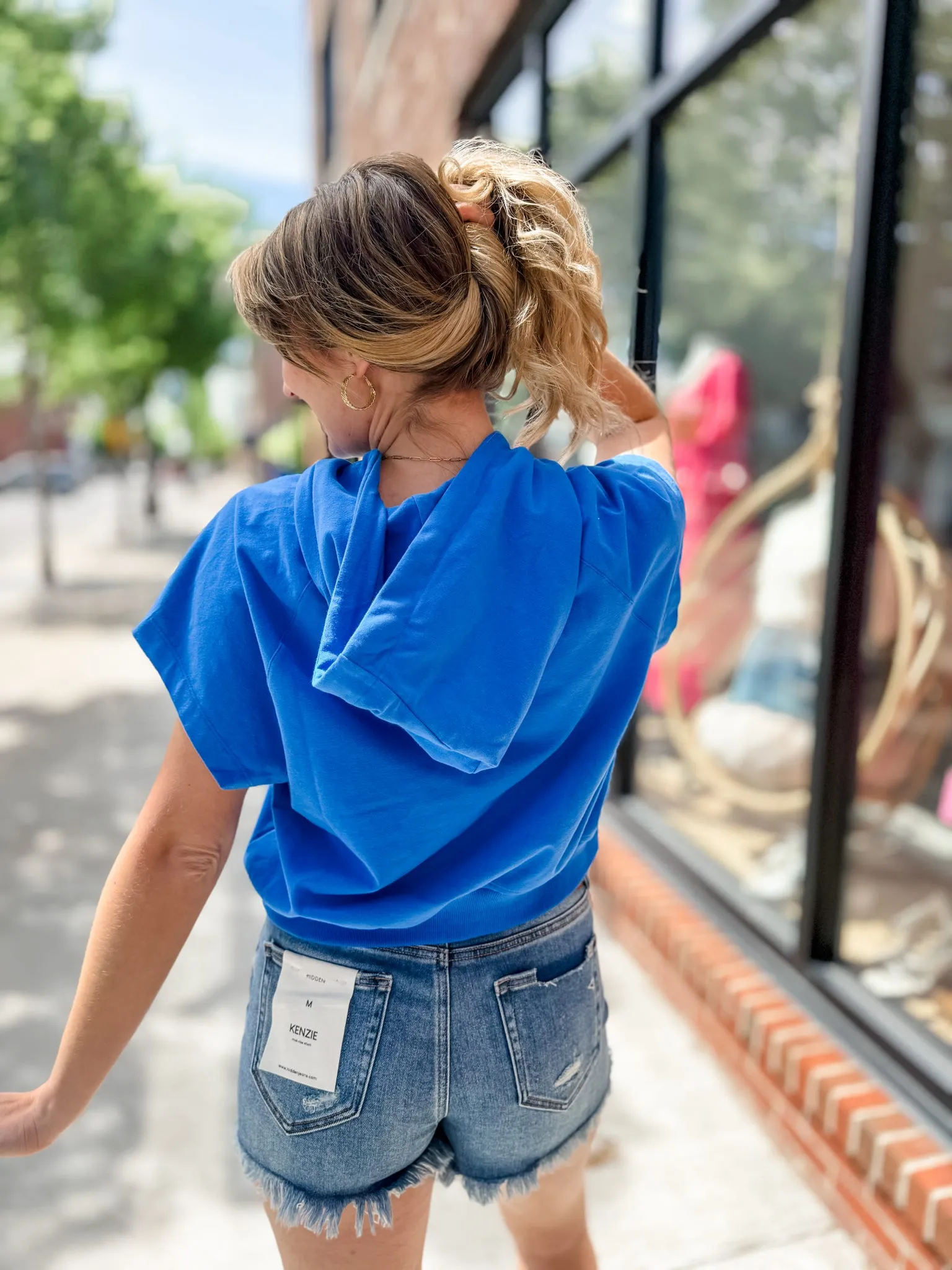 Nadia Short Sleeve Hooded Top, Cobalt