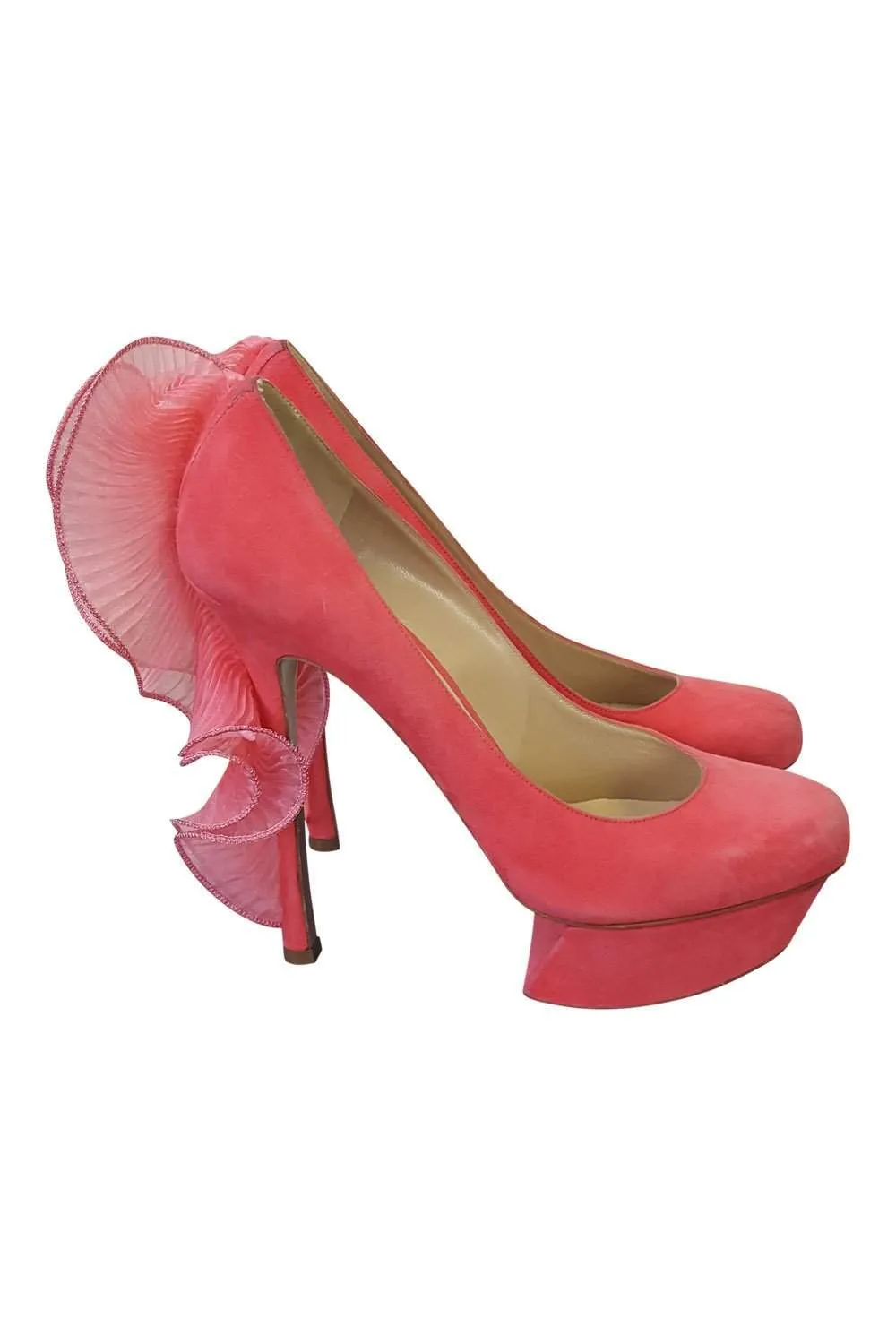 NICHOLAS KIRKWOOD Salmon Pink Ruffle Trim Suede Platform Heels (40.5)