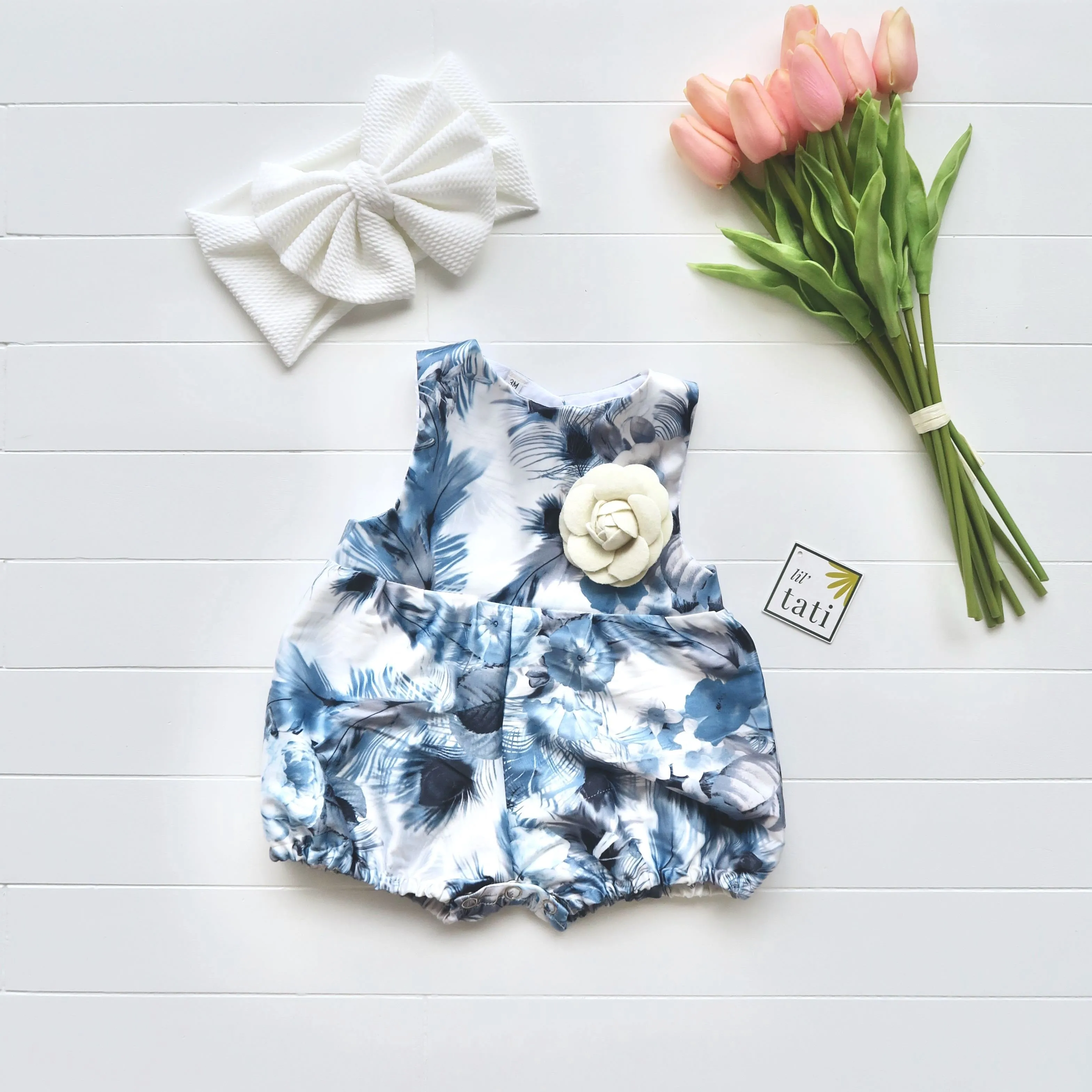 Orchid Playsuit in Blue Feather Sateen