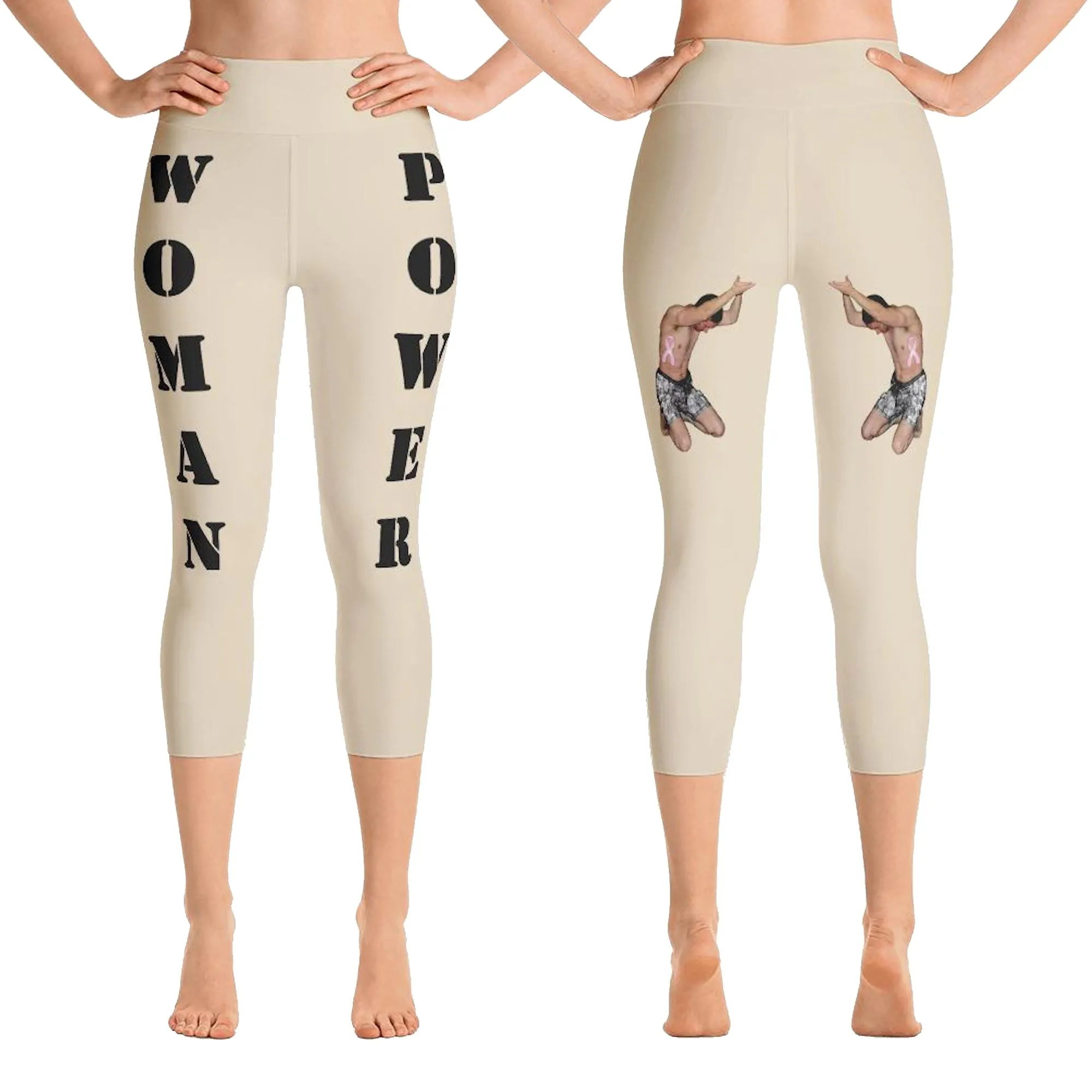 Our best viral yoga capri leggings with woman power - Beige Color with Black Letters