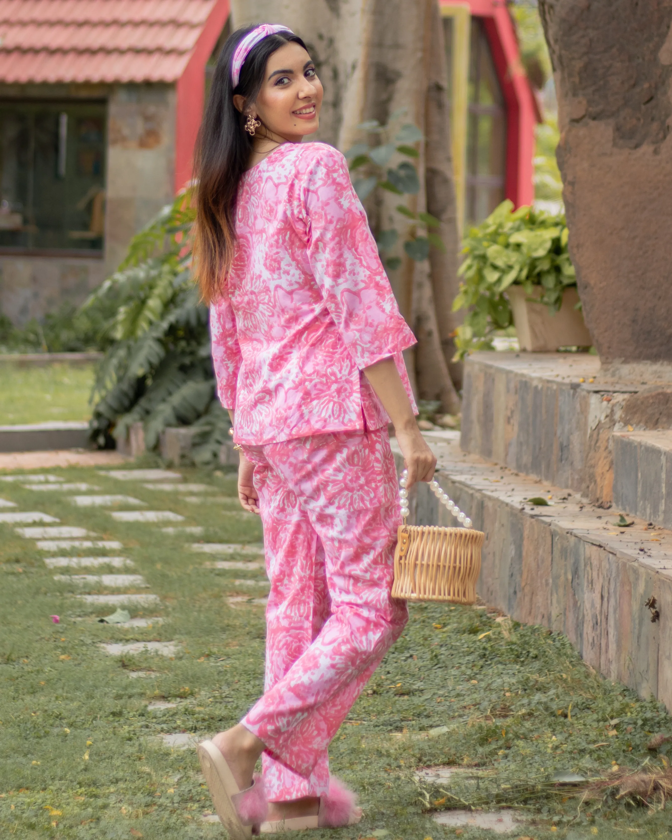 Panama Pink Cotton Night Suit