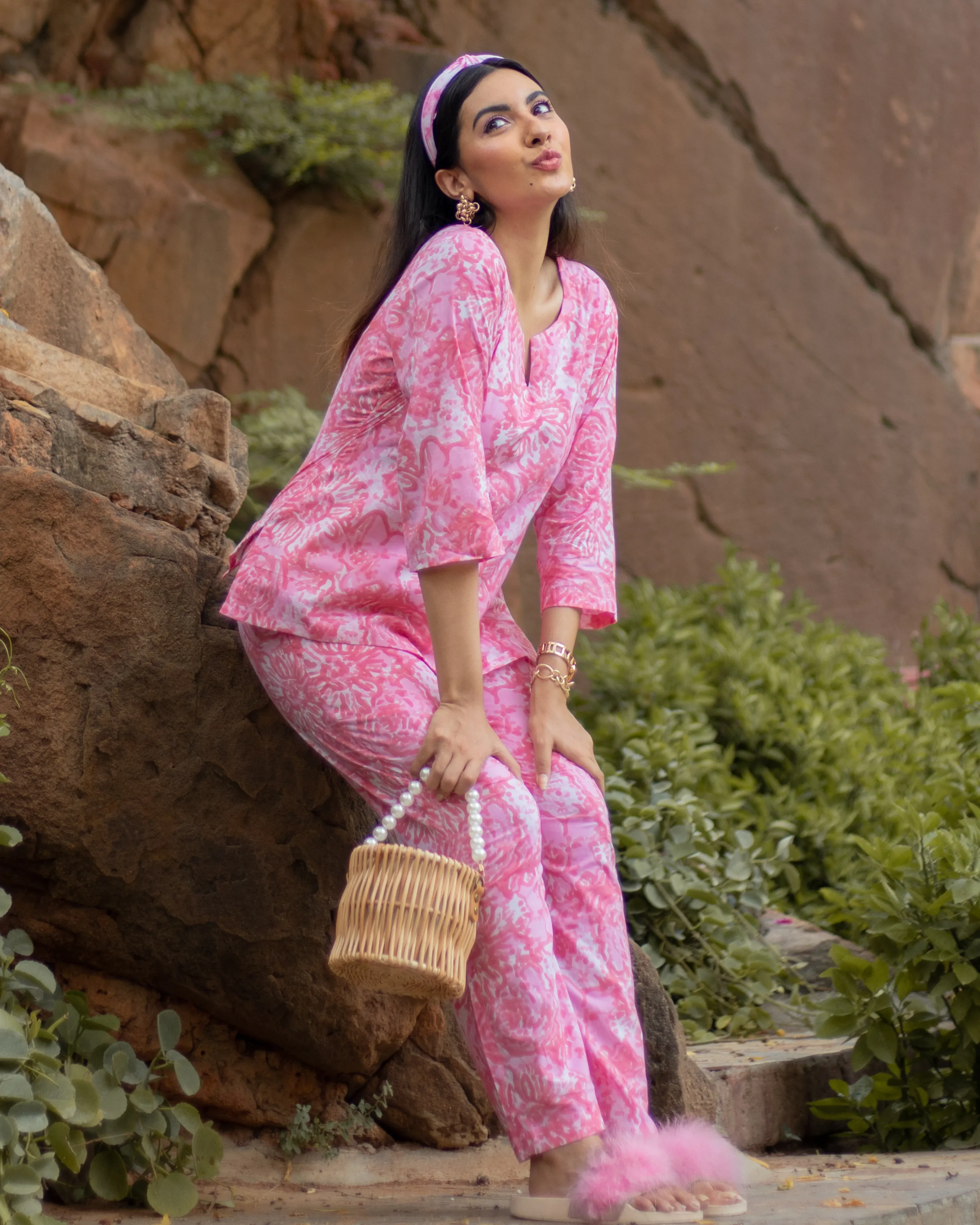 Panama Pink Cotton Night Suit