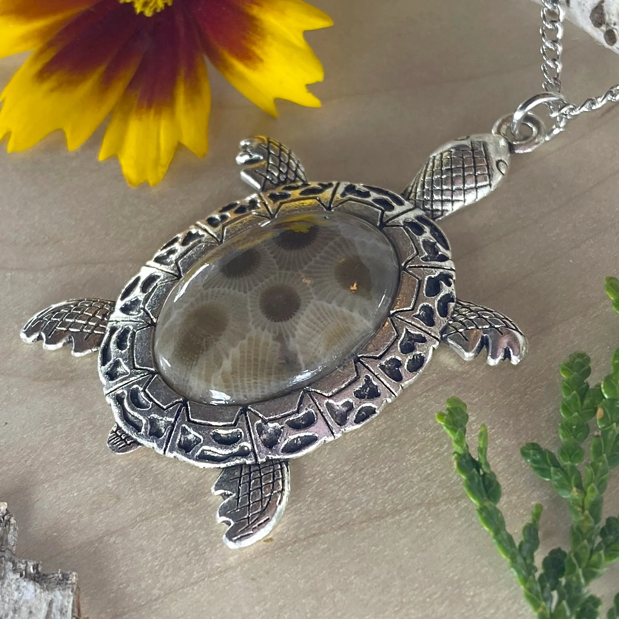 Petoskey Stone Turtle Pendant Necklace