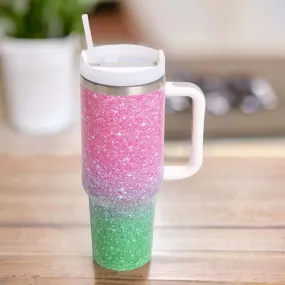 Pink and Green Ombre 40oz Double Wall Stainless Steel Tumbler With Handle