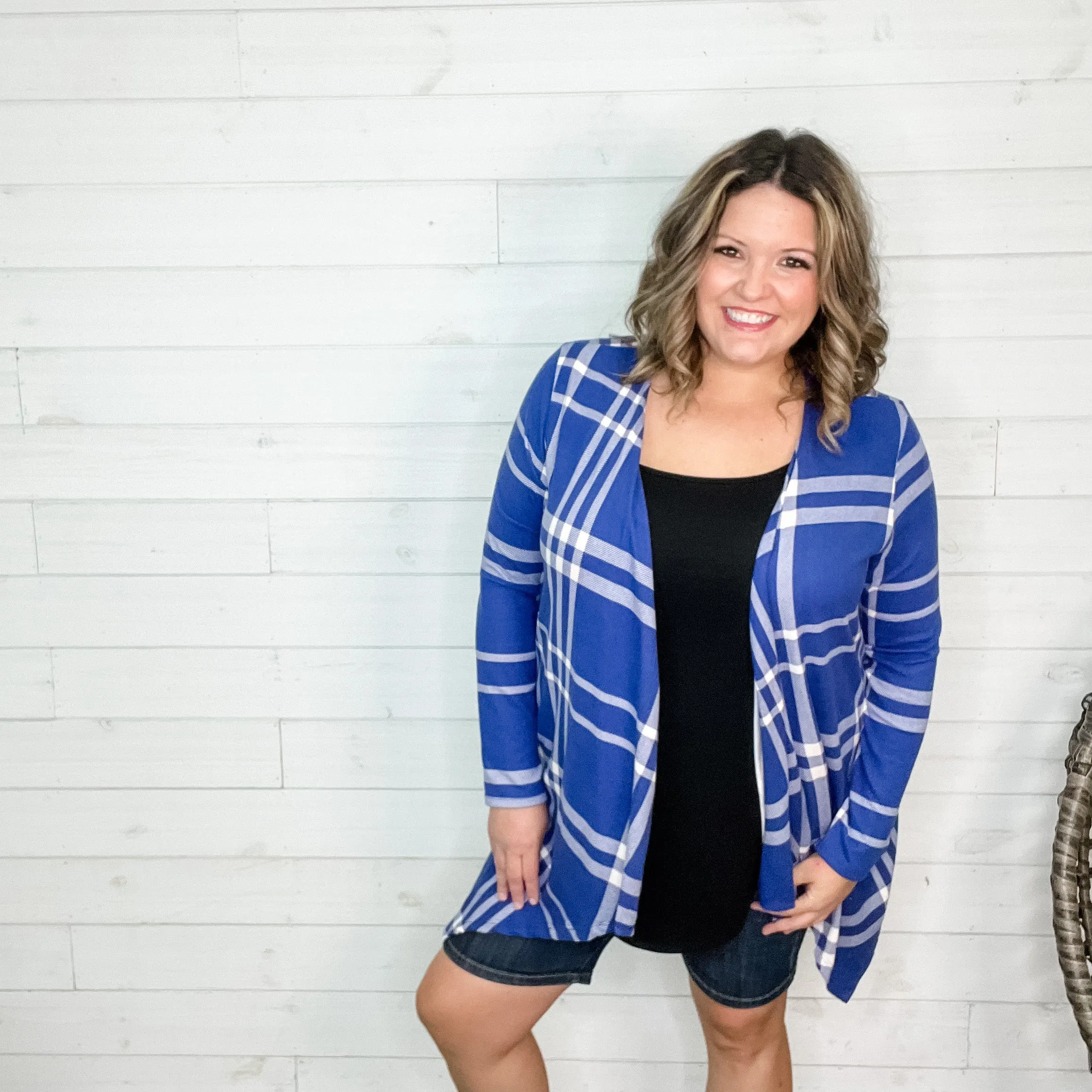 "Cardi B Blue" Plaid Cardigan with Side Pockets