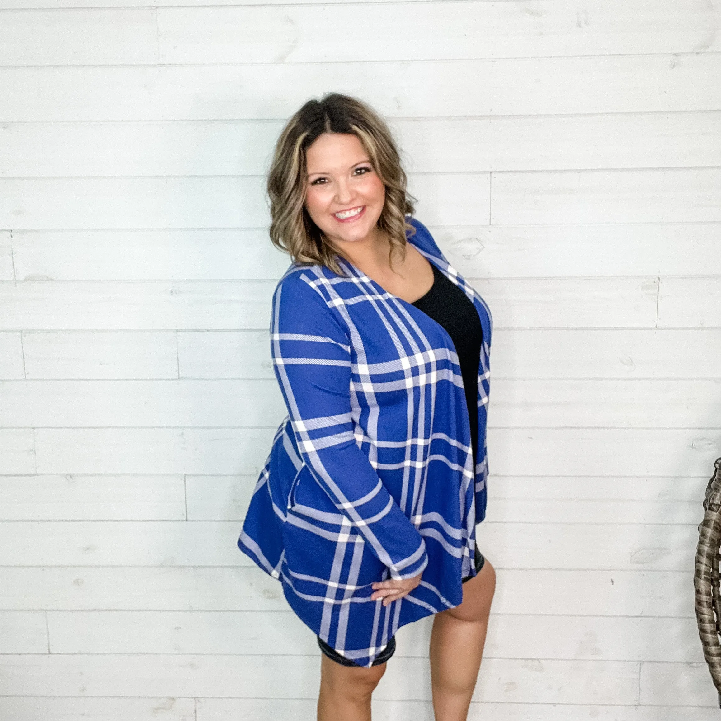 "Cardi B Blue" Plaid Cardigan with Side Pockets