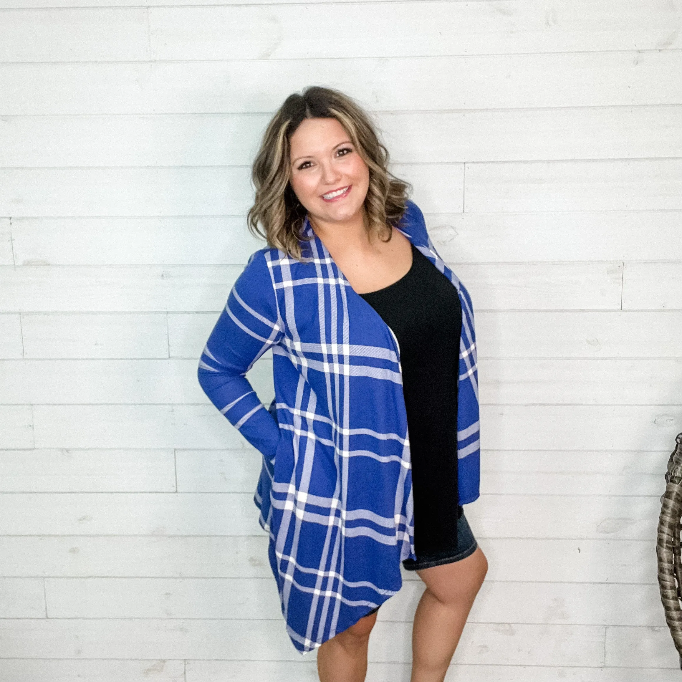 "Cardi B Blue" Plaid Cardigan with Side Pockets