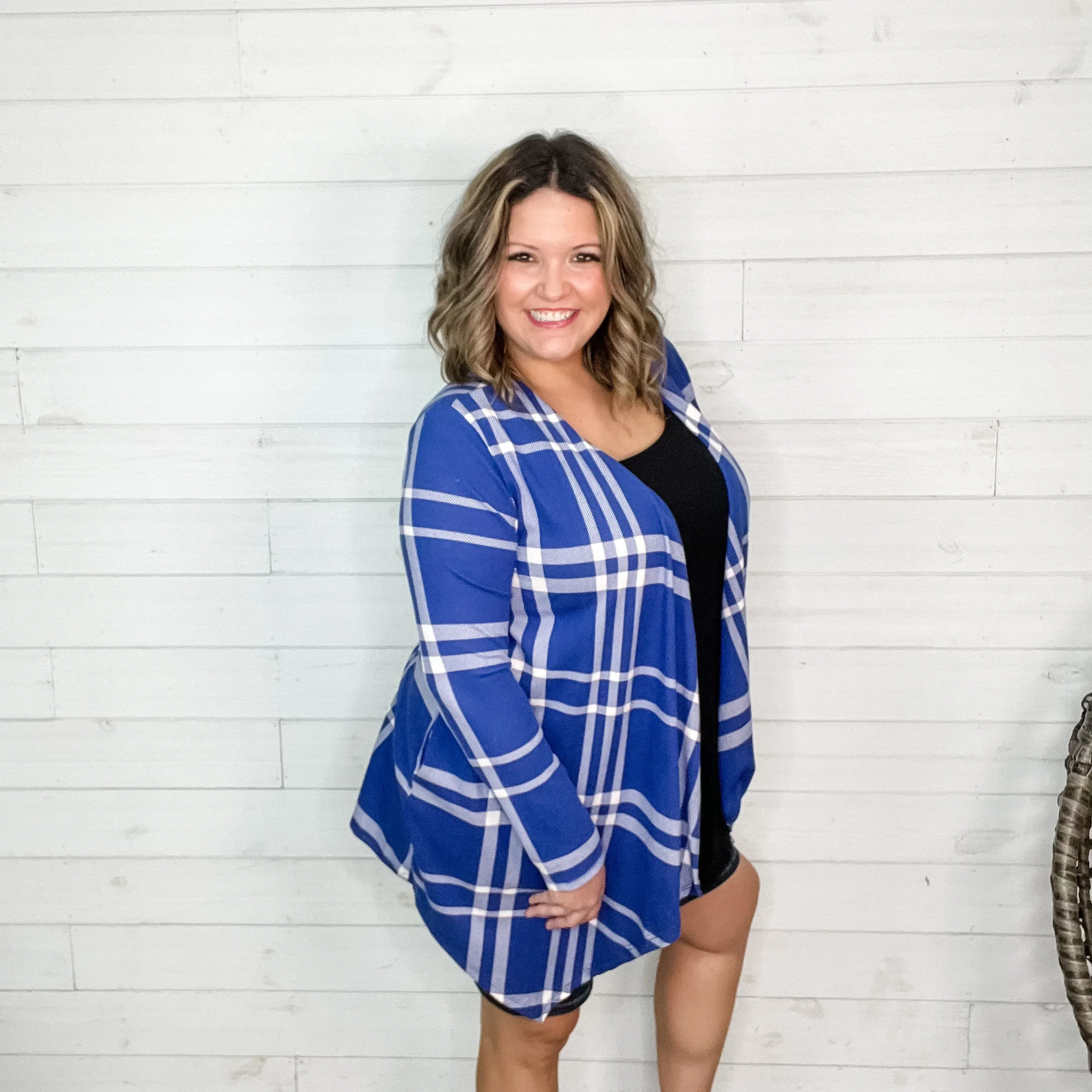 "Cardi B Blue" Plaid Cardigan with Side Pockets