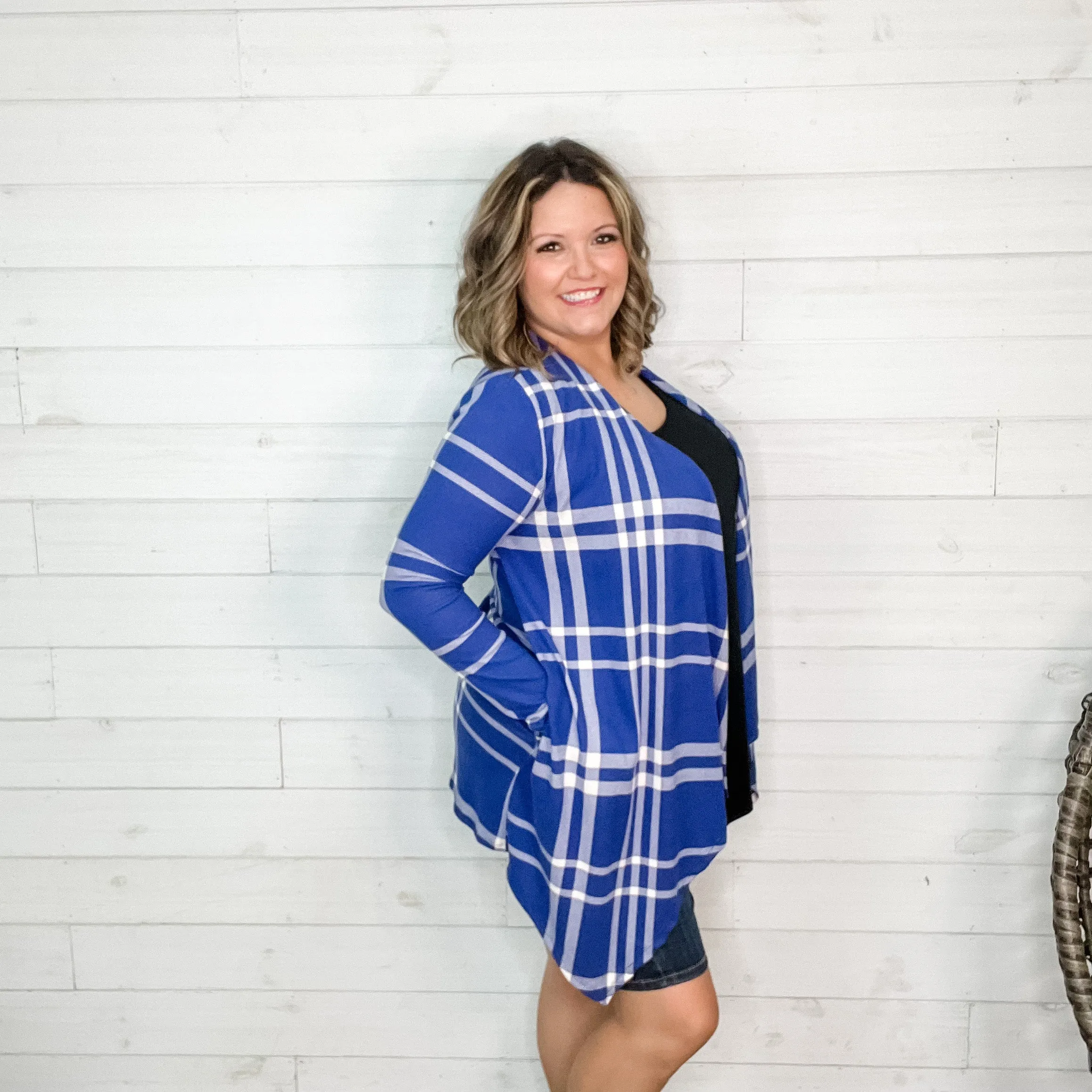 "Cardi B Blue" Plaid Cardigan with Side Pockets