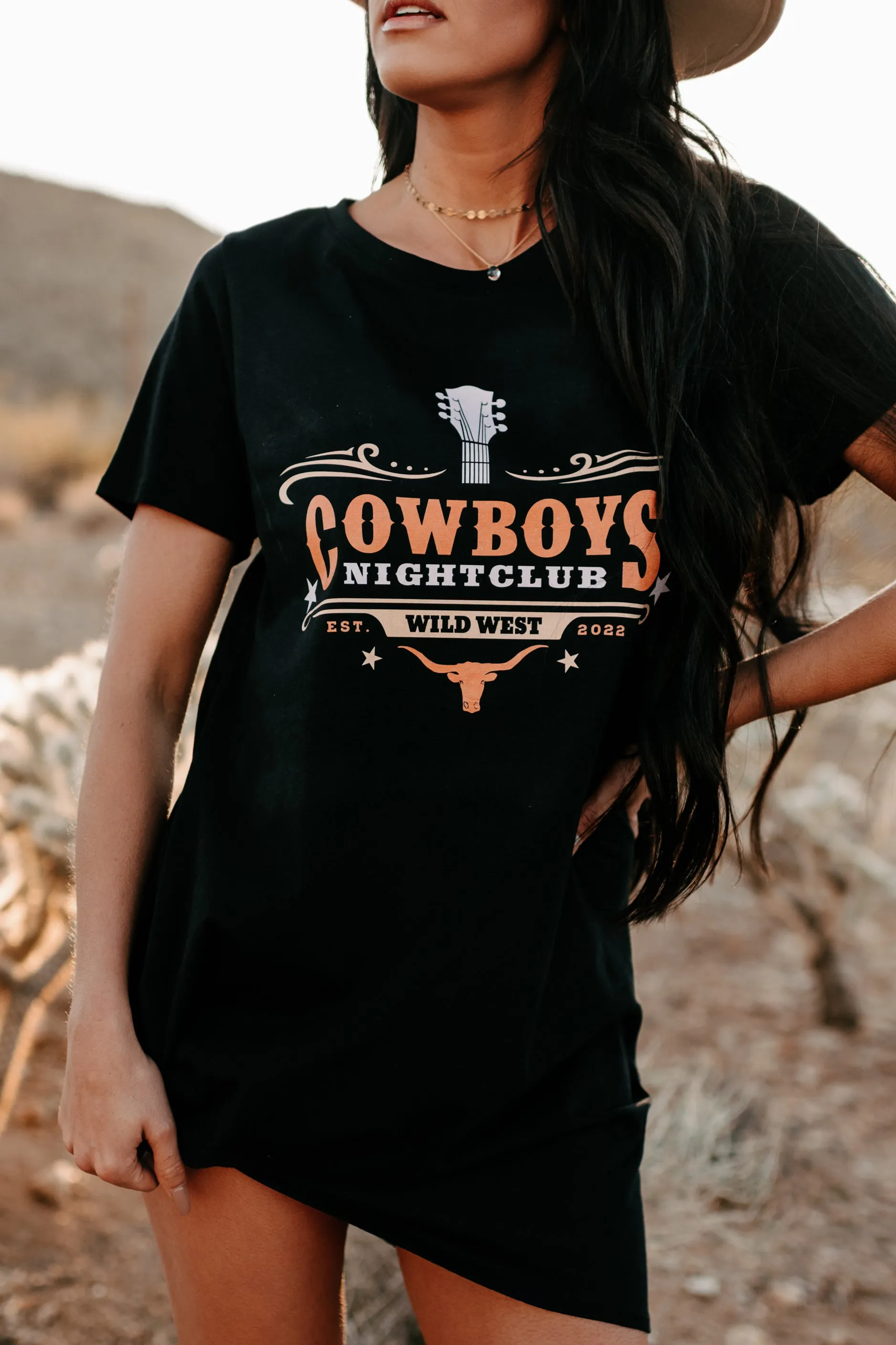 "Cowboys Night Club" Graphic T-Shirt Dress (Black) - Print On Demand